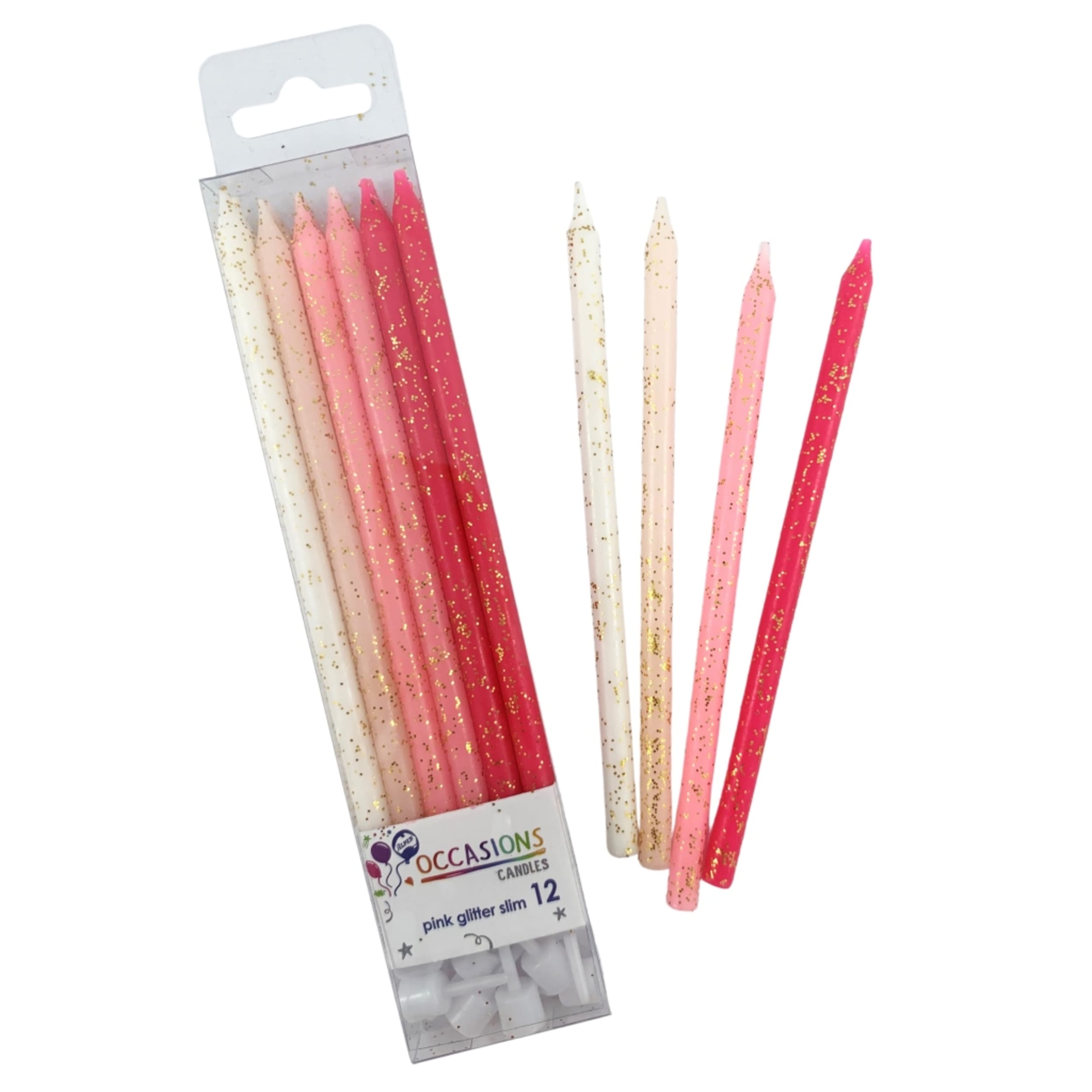 Occasions Pinks Glitter Slim Candles 120mm with Holders (12 Pack)