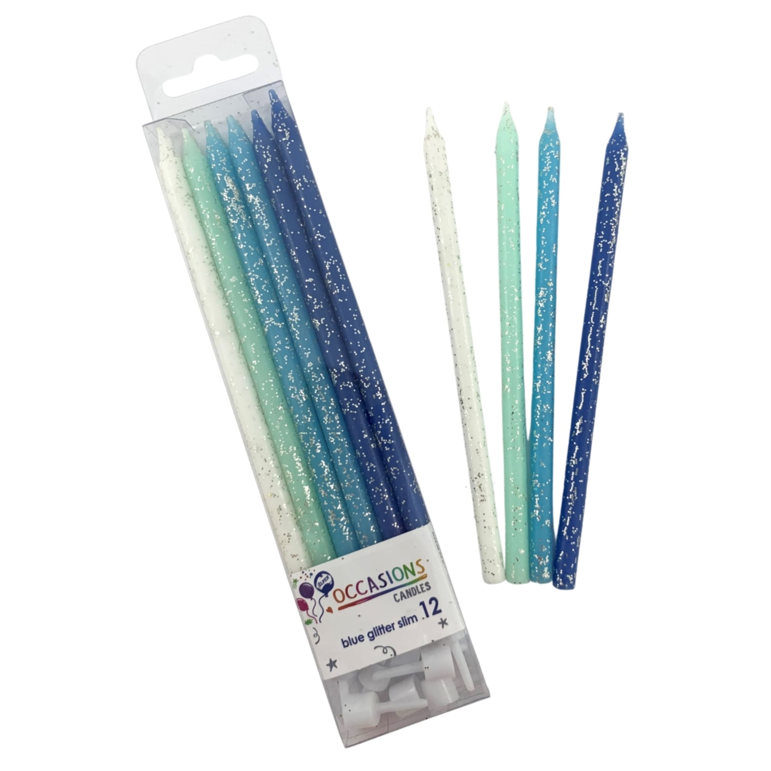 Occasions Blues Glitter Slim Candles 120mm with Holders (12 Pack)