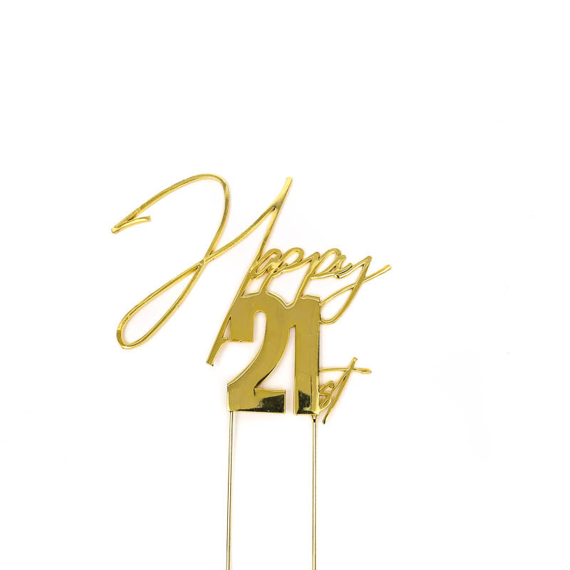 Cake & Candle Metal Cake Topper Happy 21st Gold