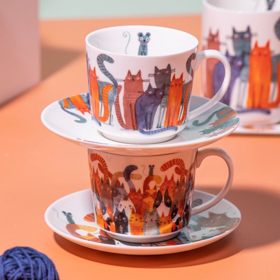 Ashdene Quirky Cats Four Friends Cup & Saucer