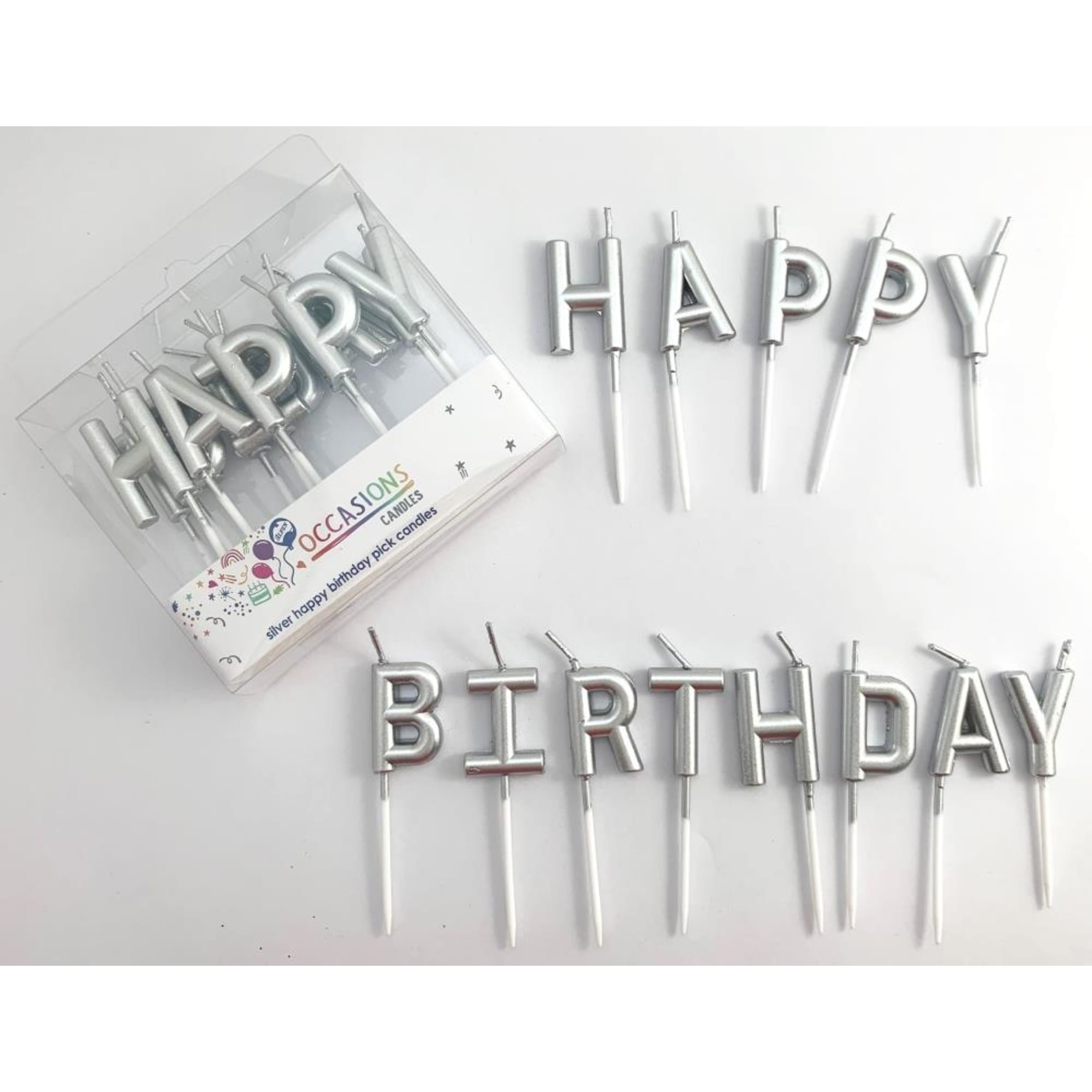 Occasions Happy Birthday Pick Candles Metallic Silver PVC Box