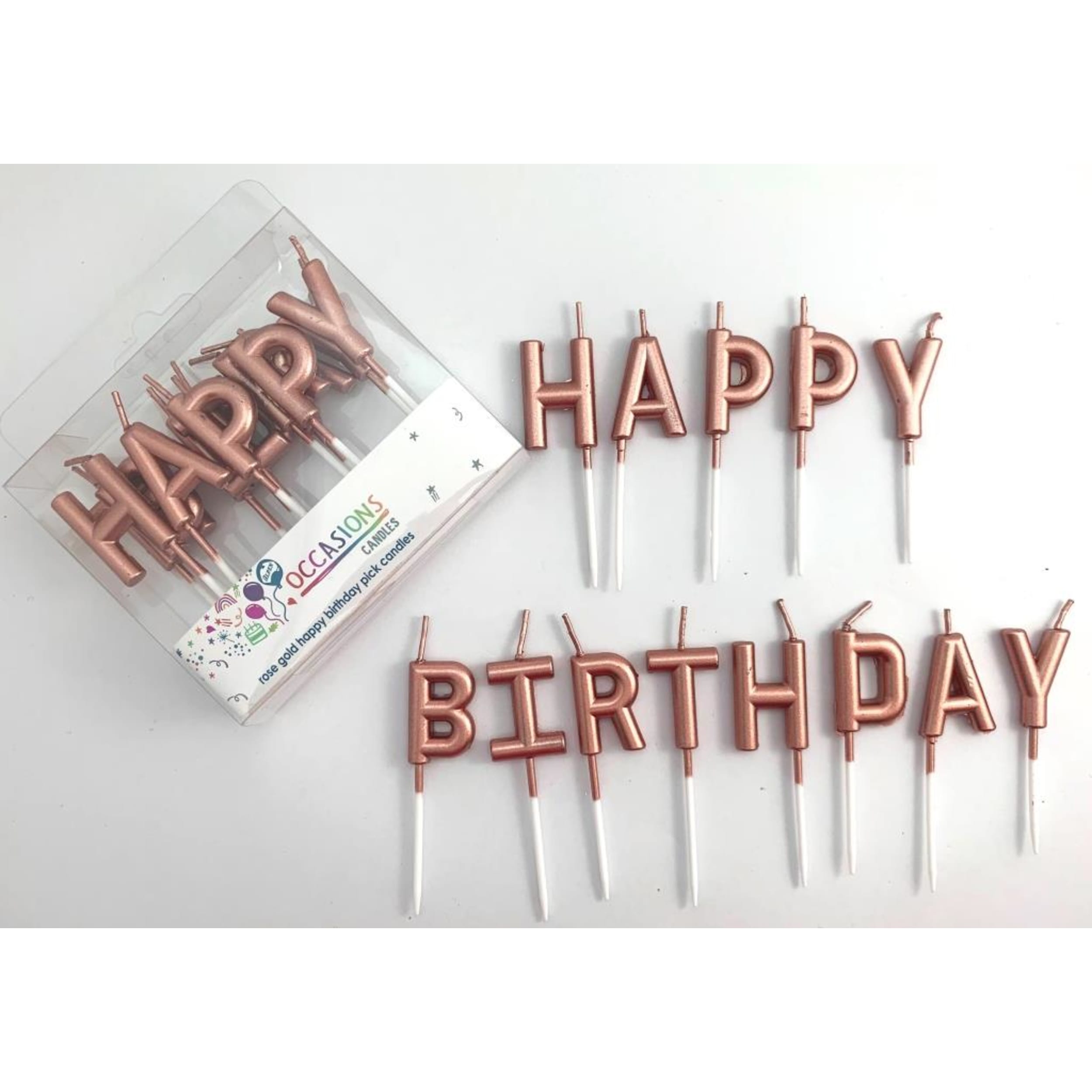 Occasions Happy Birthday Pick Candles Metallic Rose Gold PVC Box