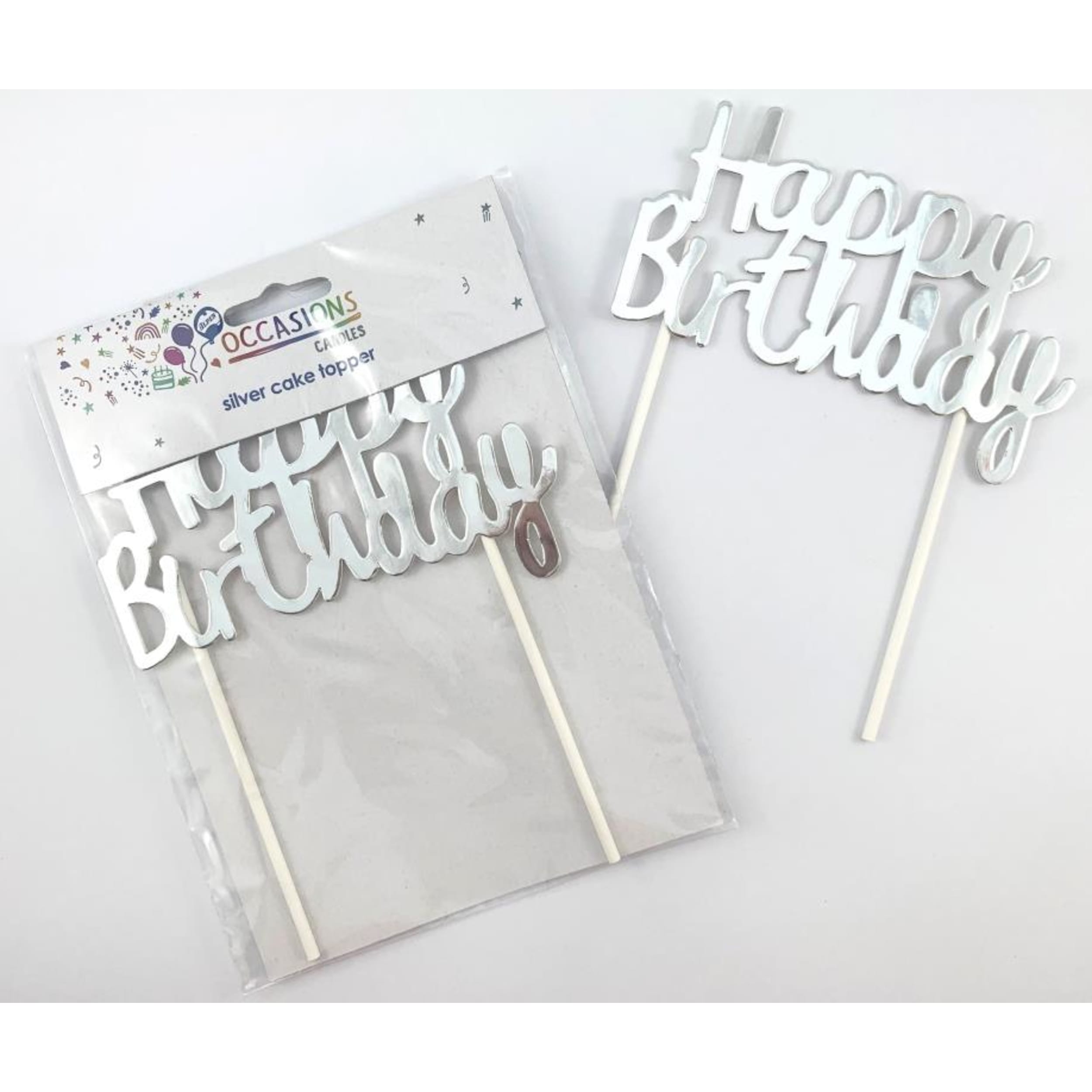 Occasions Happy Birthday Cake Topper Metallic Silver