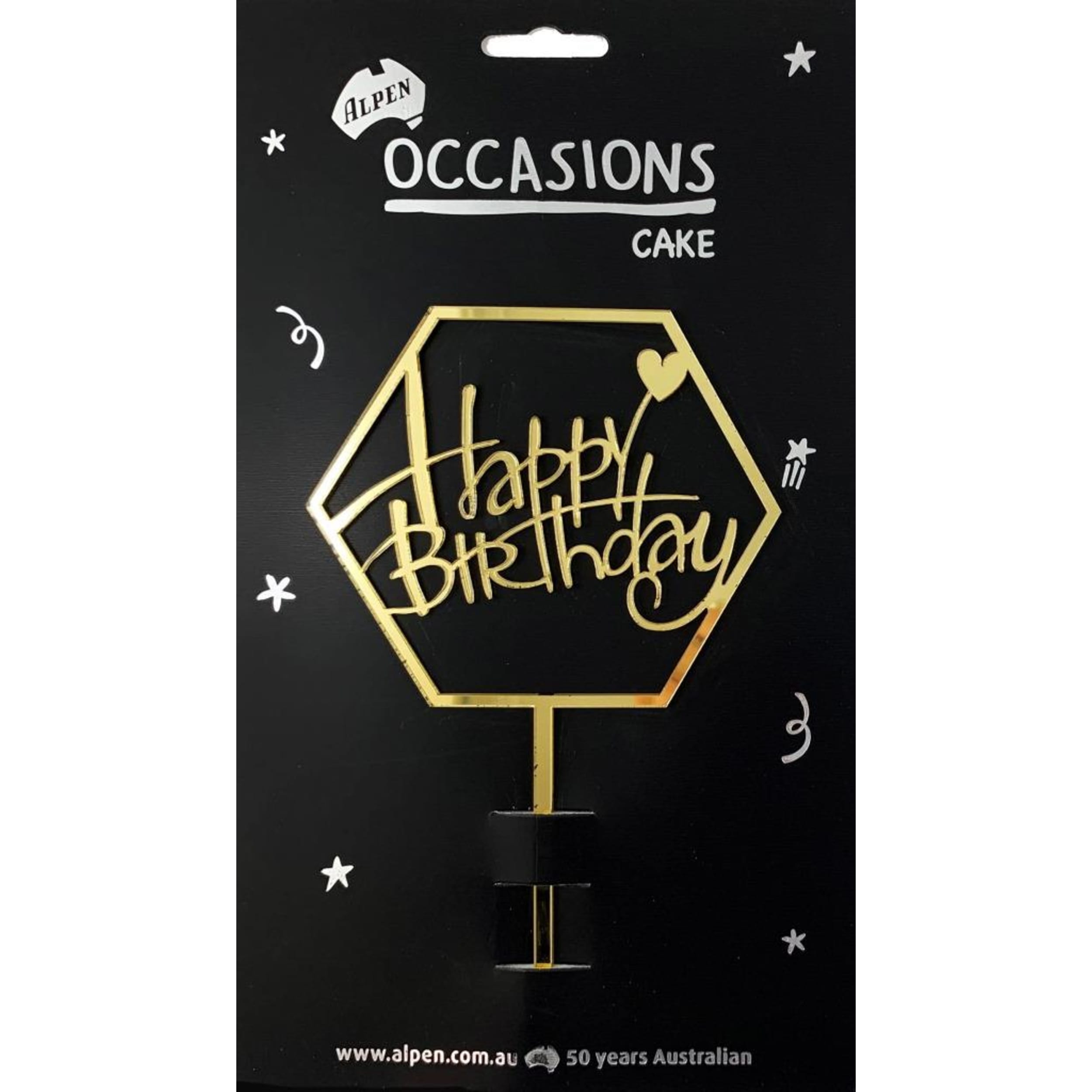 Occasions Cake Topper Acrylic 2mm Happy Birthday Hex. Gold