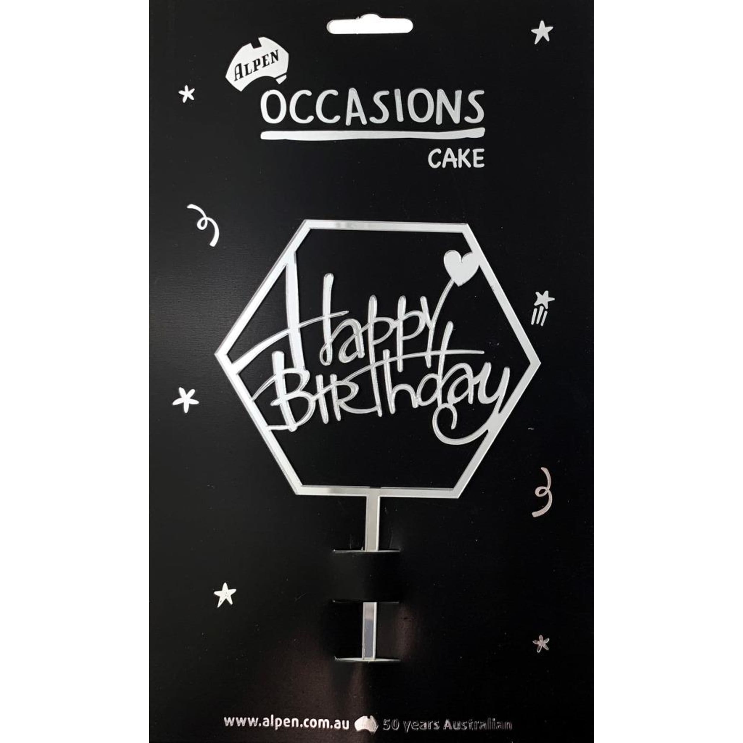 Occasions Cake Topper Acrylic 2mm Happy Birthday Hex.Silver