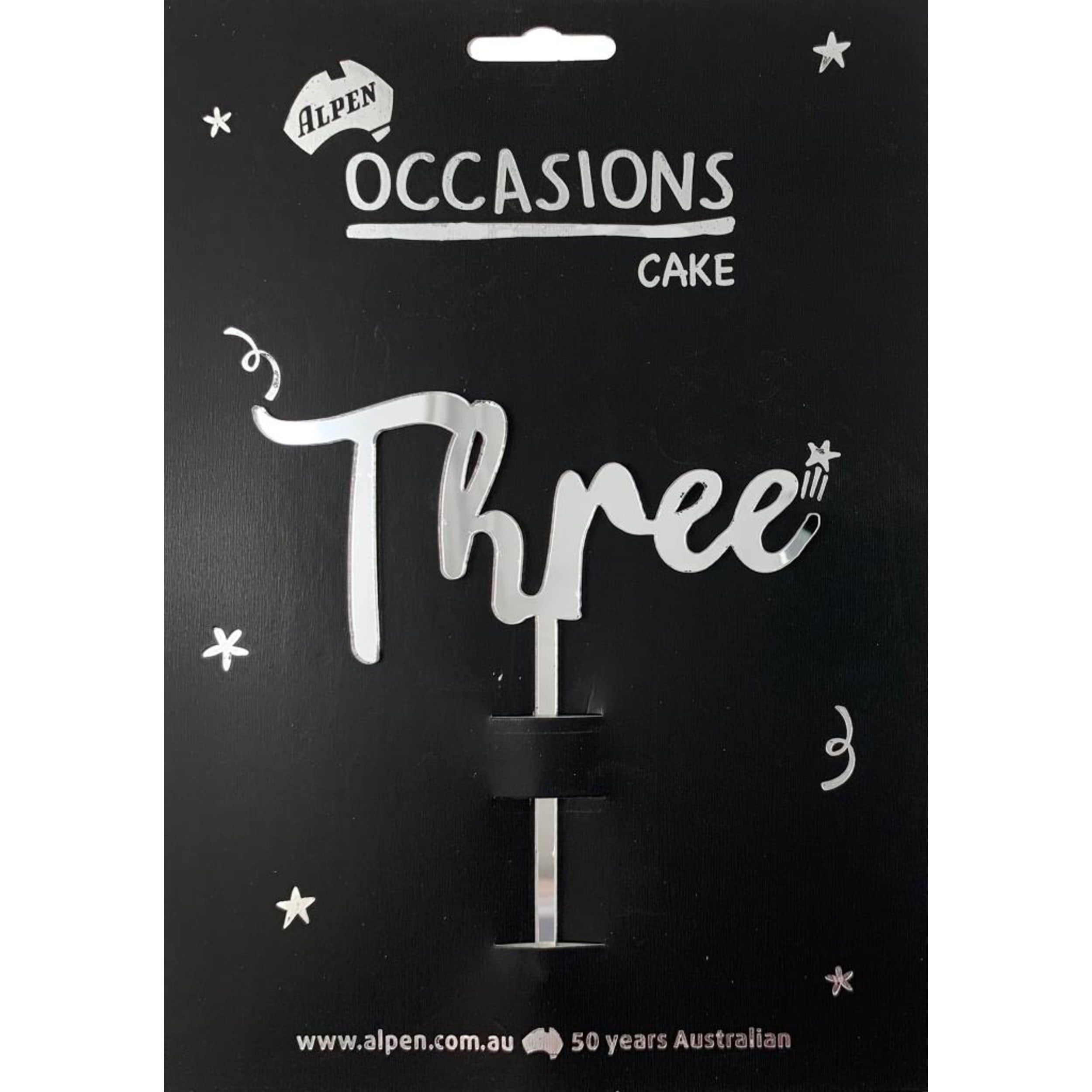 Occasions Cake Topper Acrylic 2mm Three Silver