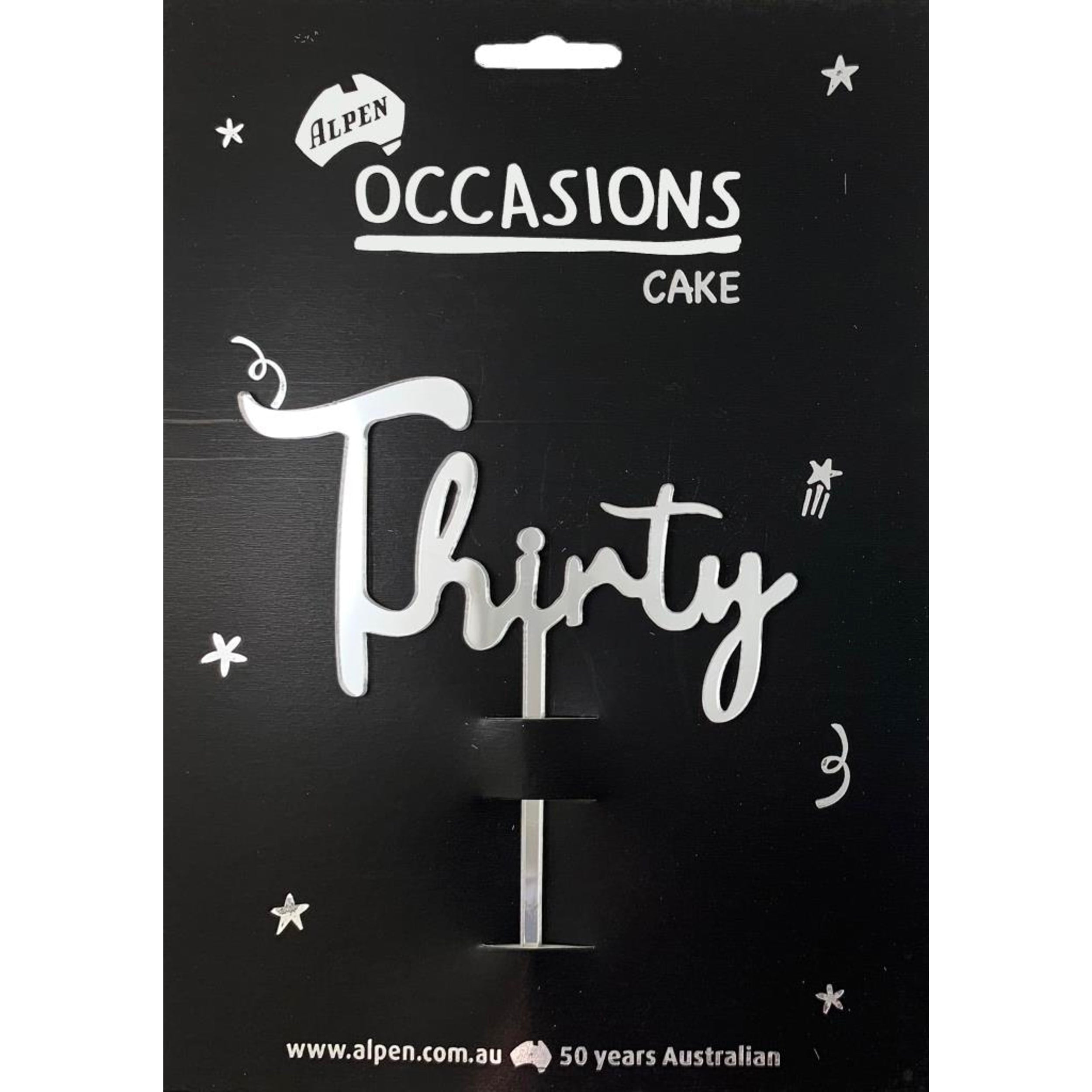 Occasions Cake Topper Acrylic 2mm Thirty Silver
