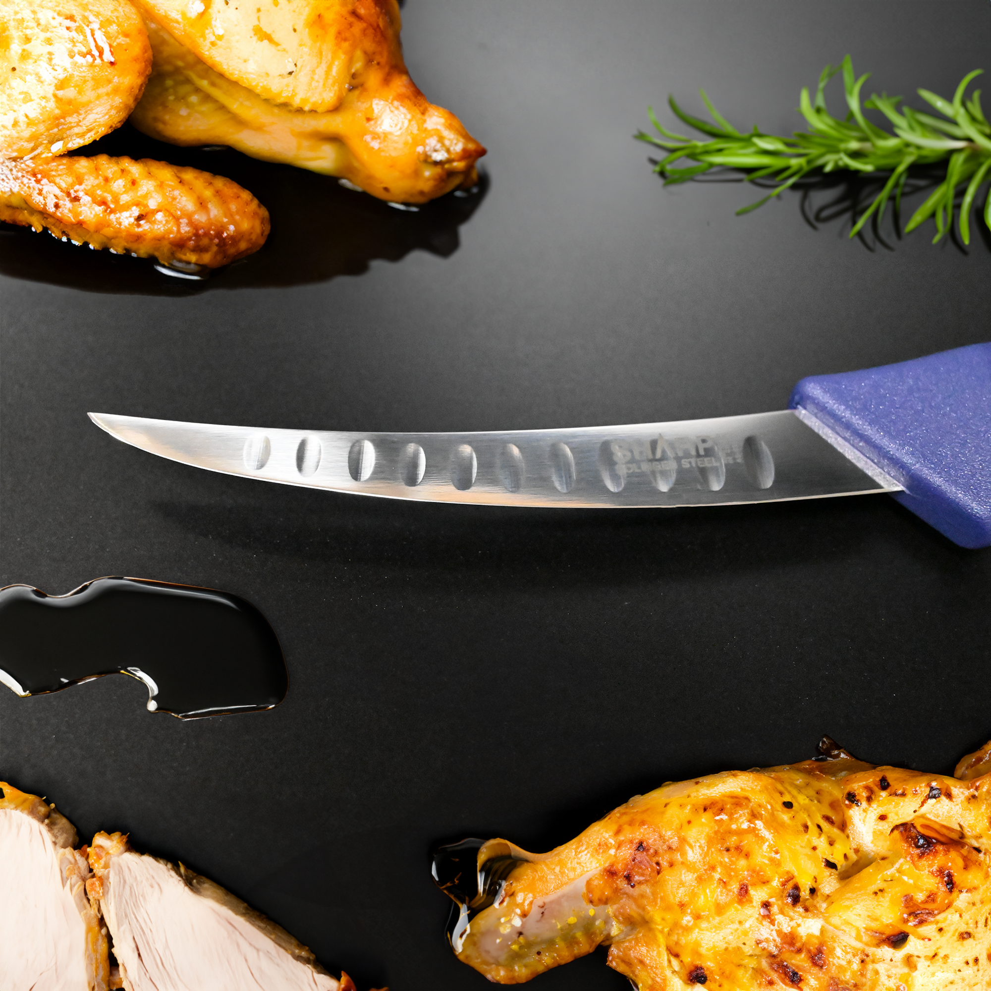 SHARP Boning Knife  Granton Edge  Narrow Curved Blade  15cm - Blue