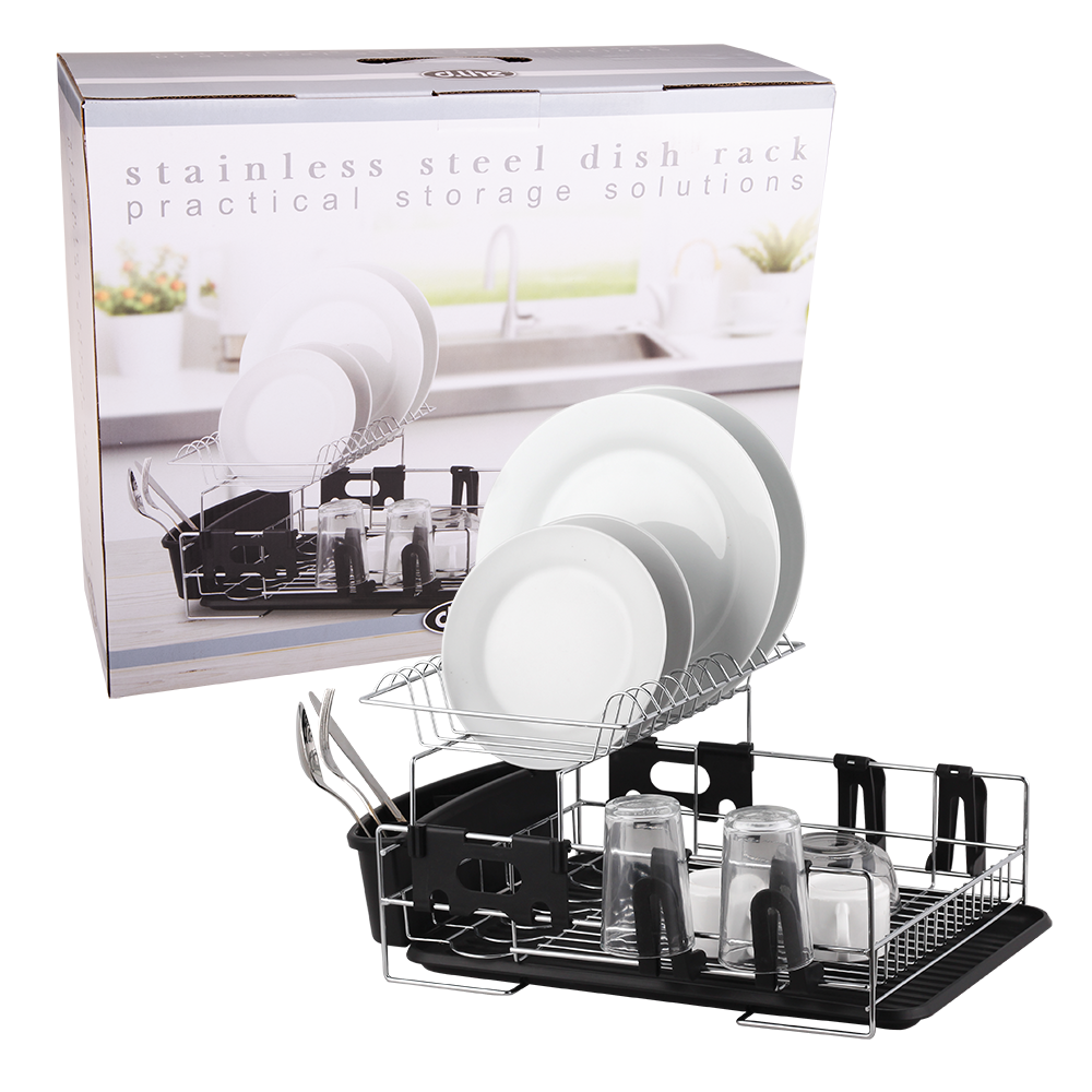 D.Line Stainless Steel 2-Tier Dish Rack W/ Draining Board - Black