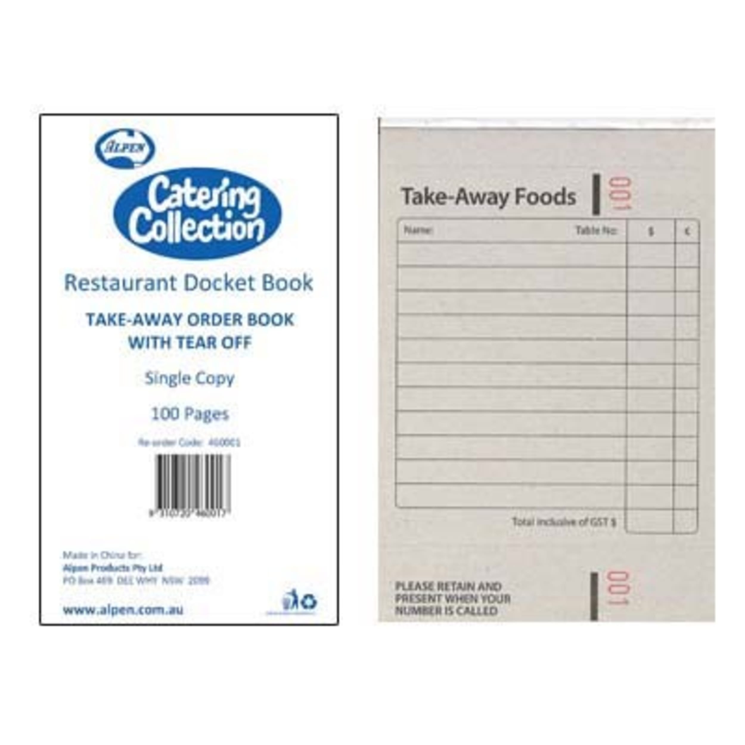 Catering Collection Single Takeaway with Tear Off Restaurant Docket Book 100