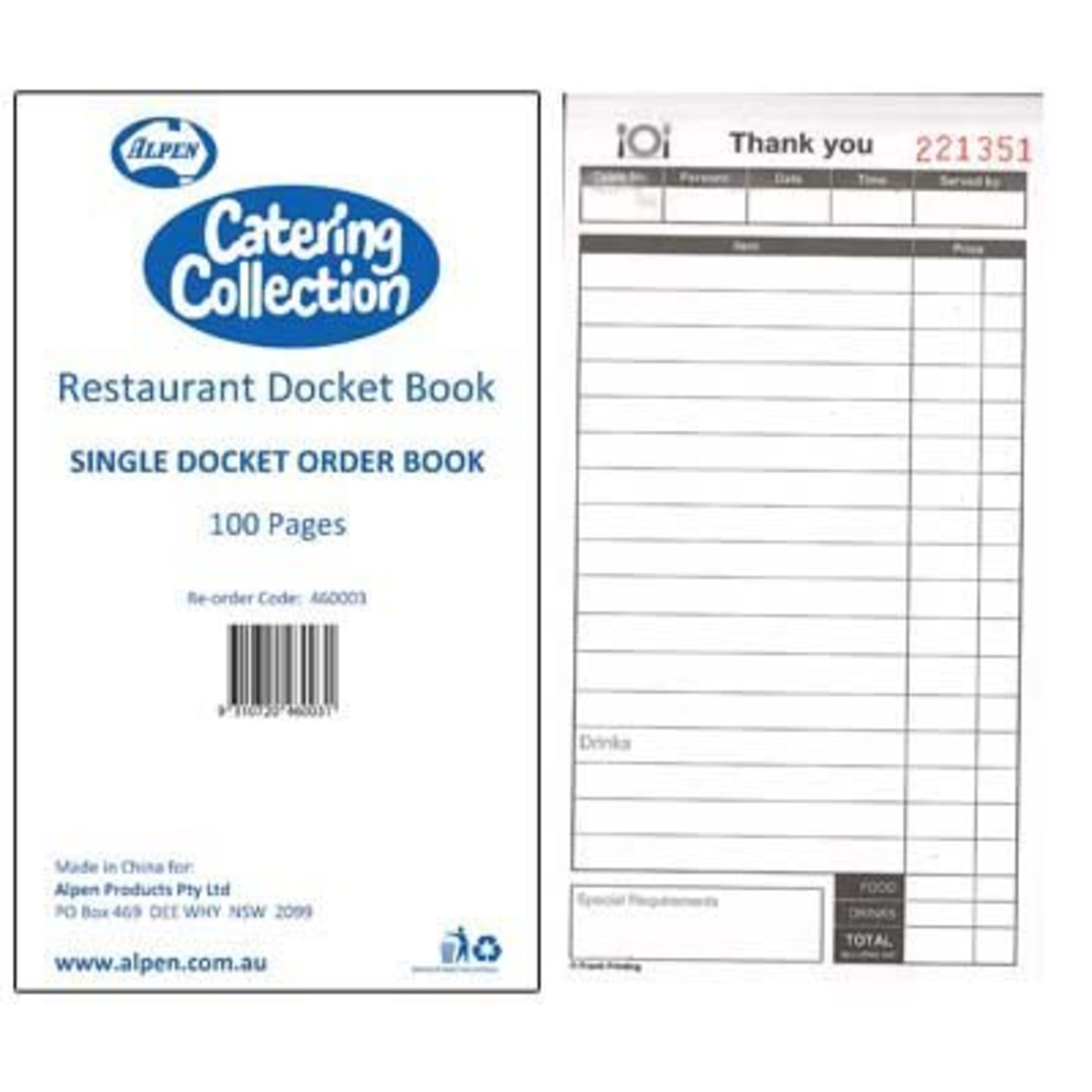 Catering Collection Single Restaurant Docket Book 100