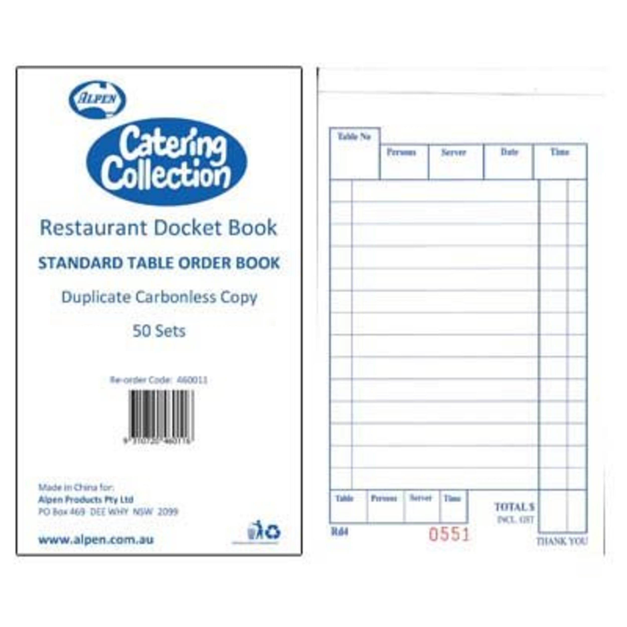 Catering Collection Duplicate Carbonless Restaurant Docket Book 50