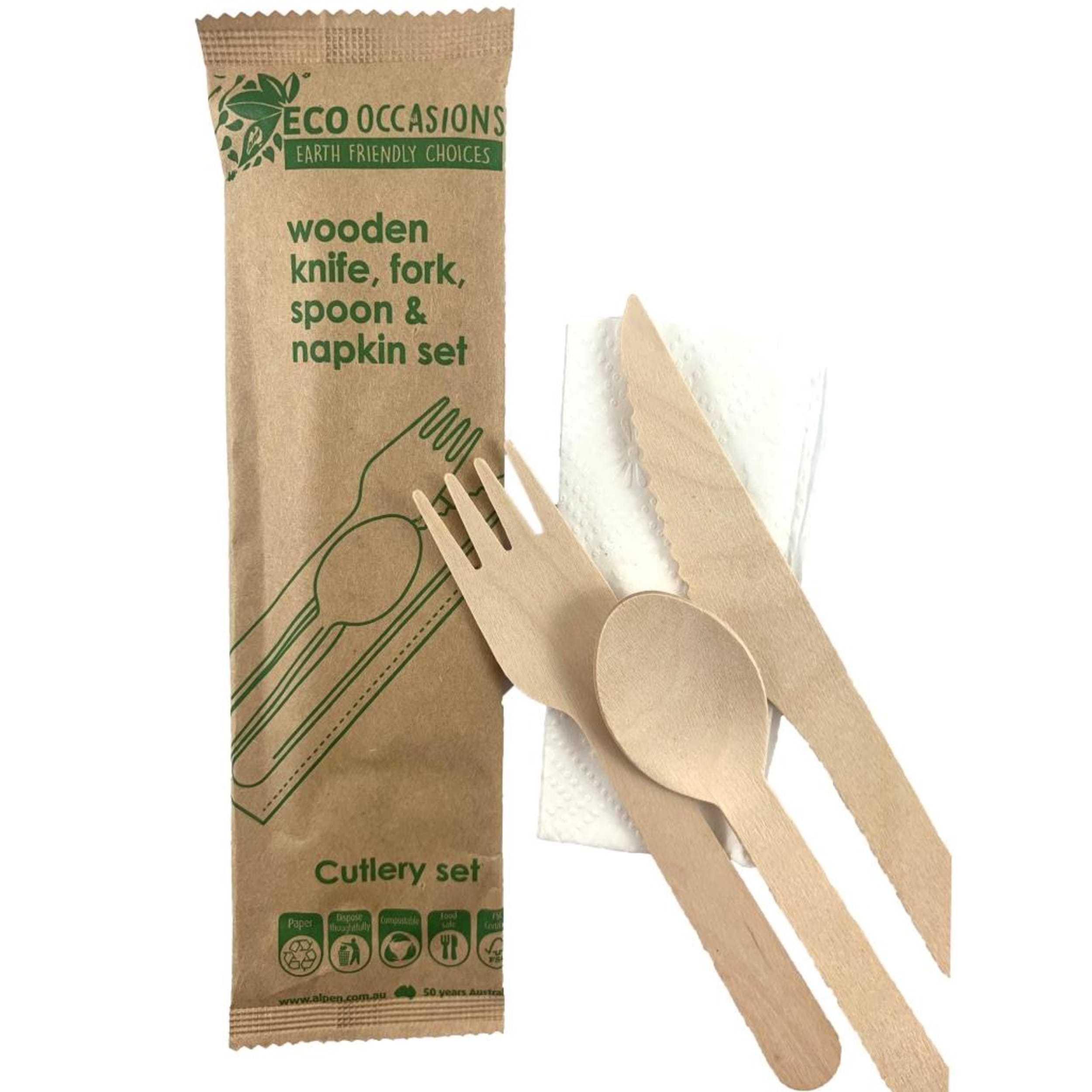 Eco Collection Wooden Cutlery Kfs & Napkin Set Biodegradable