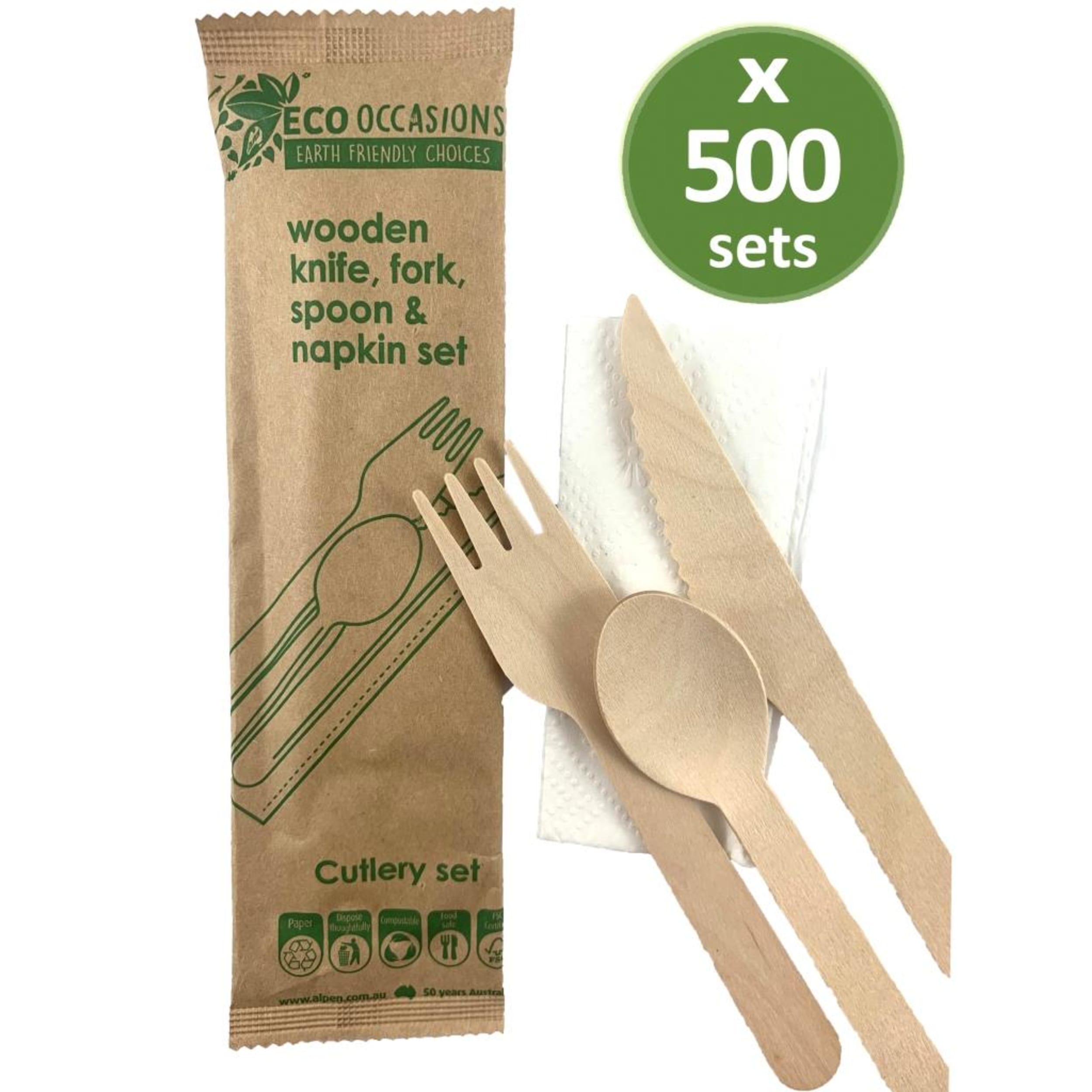 Eco Collection Wooden Cutlery Kfs & Napkin Set Biodegradable