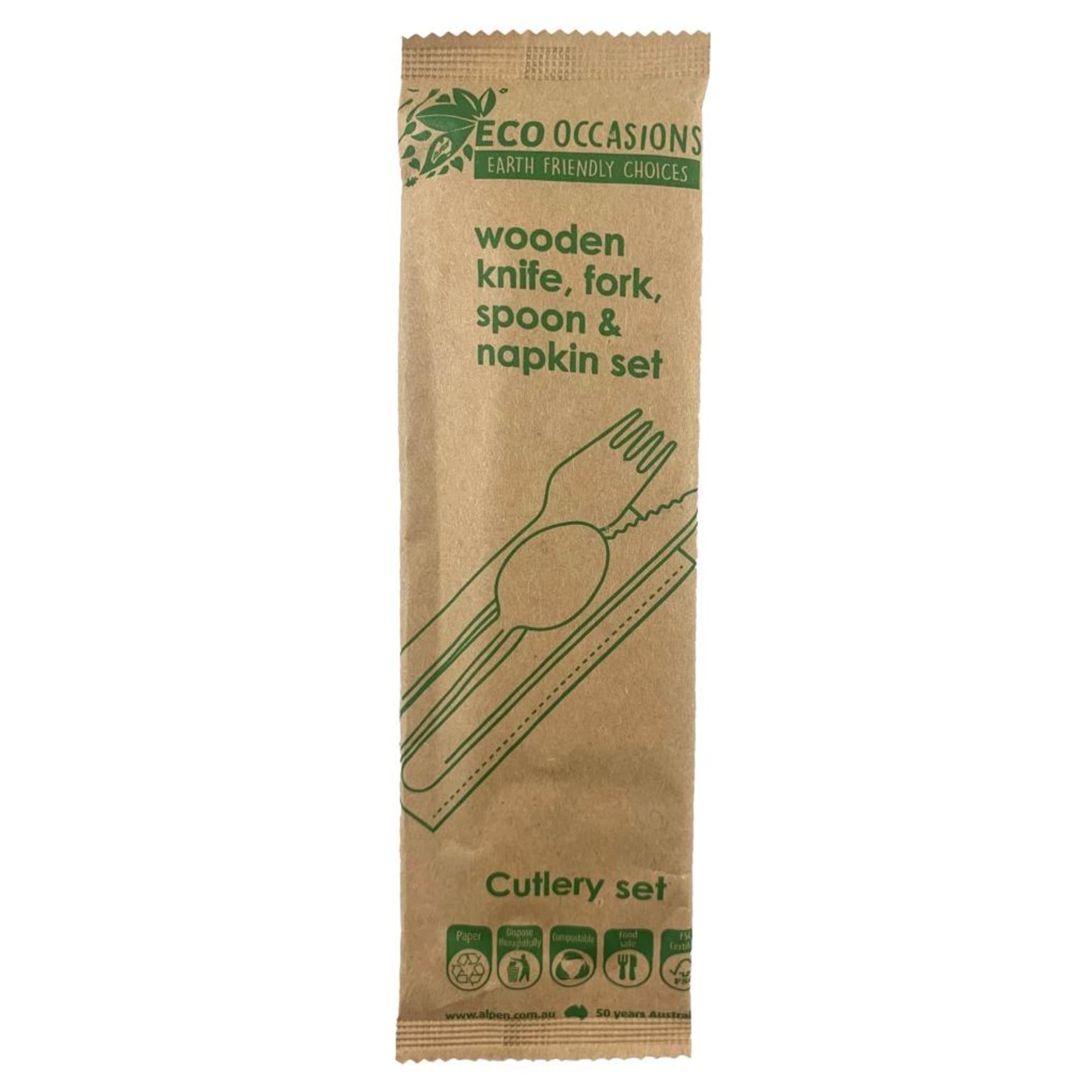 Eco Collection Wooden Cutlery Kfs & Napkin Set Biodegradable
