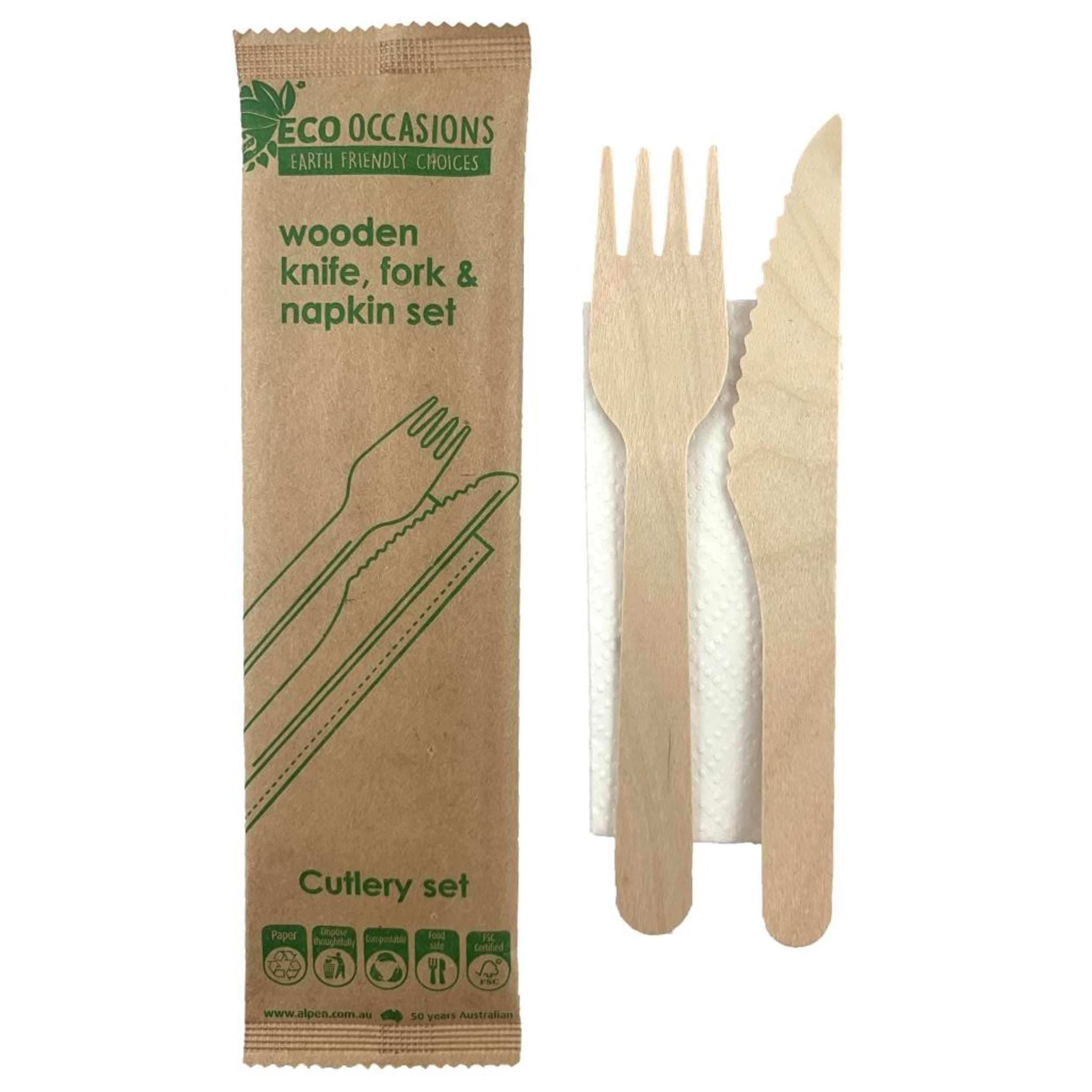 Eco Collection Wooden Cutlery KF & Napkin Set Biodegradable