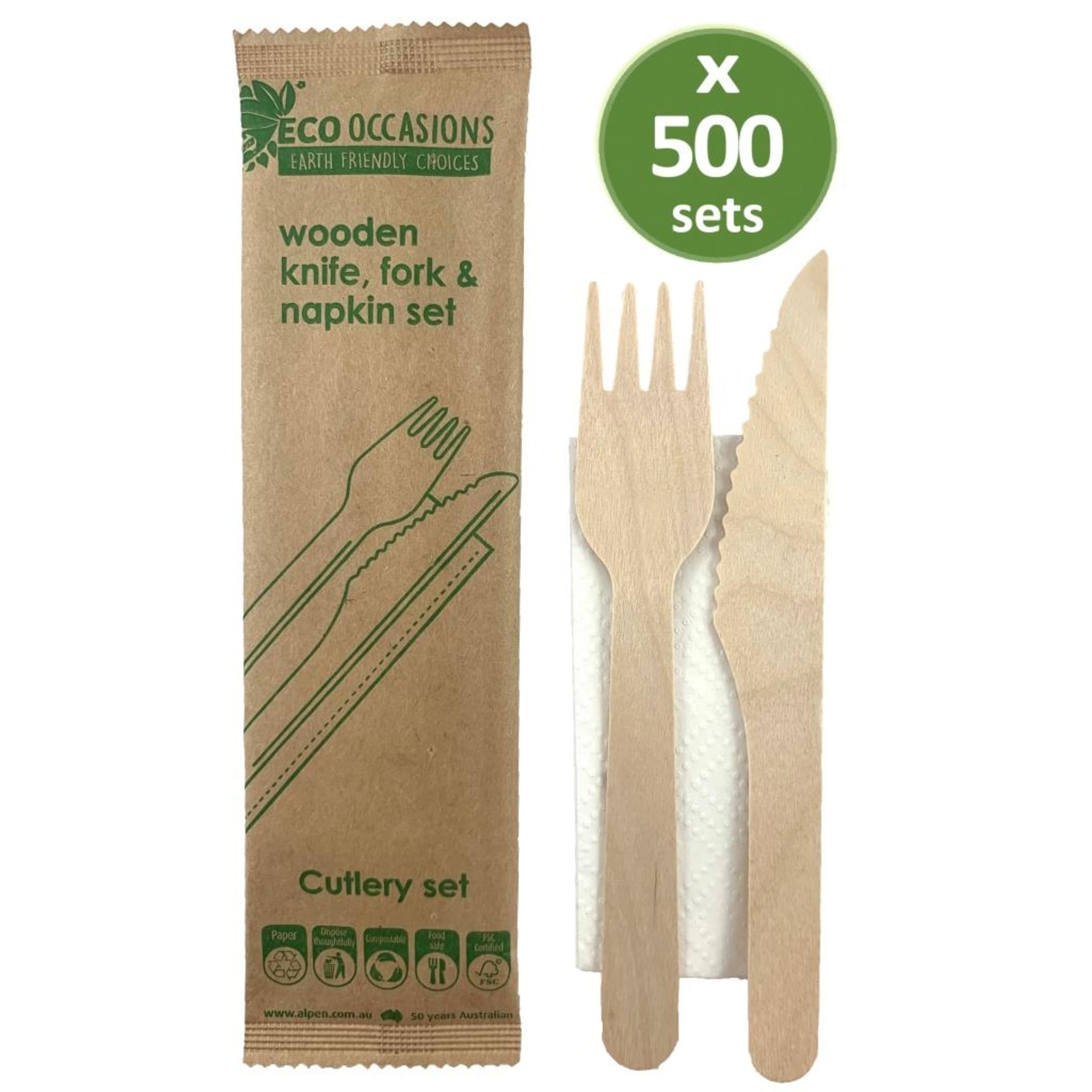 Eco Collection Wooden Cutlery KF & Napkin Set Biodegradable