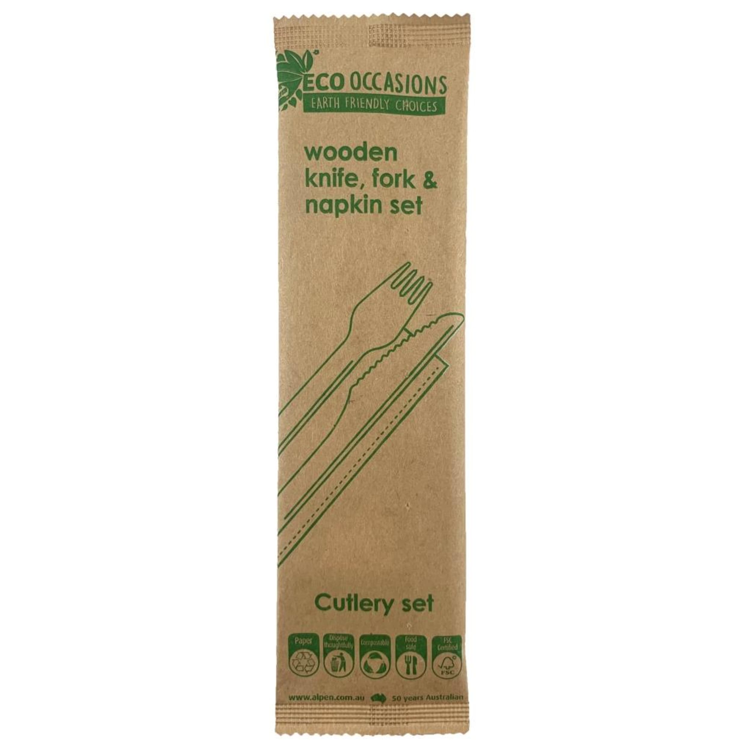 Eco Collection Wooden Cutlery KF & Napkin Set Biodegradable