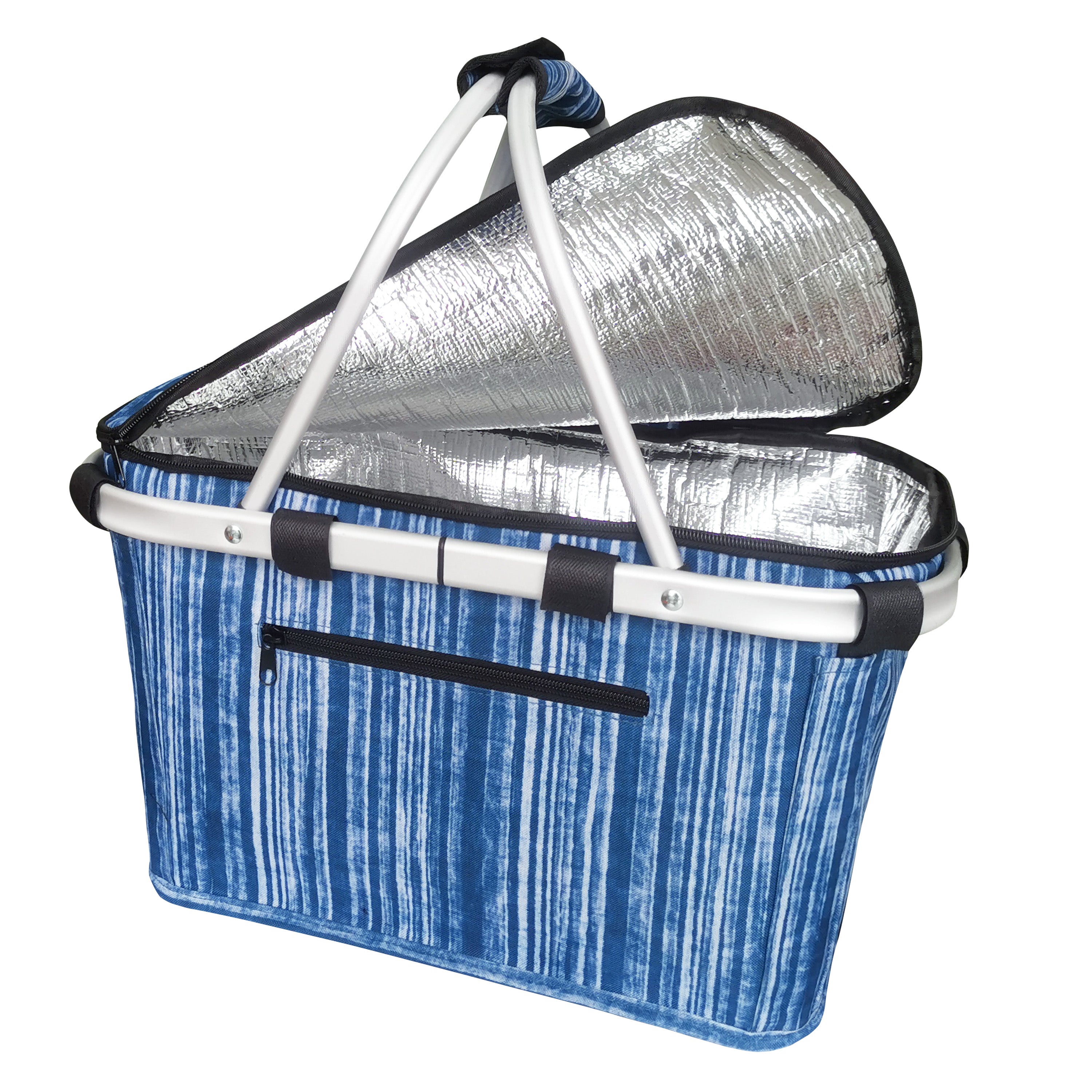 Sachi Insulated Carry Basket with Lid - Blue Stripes