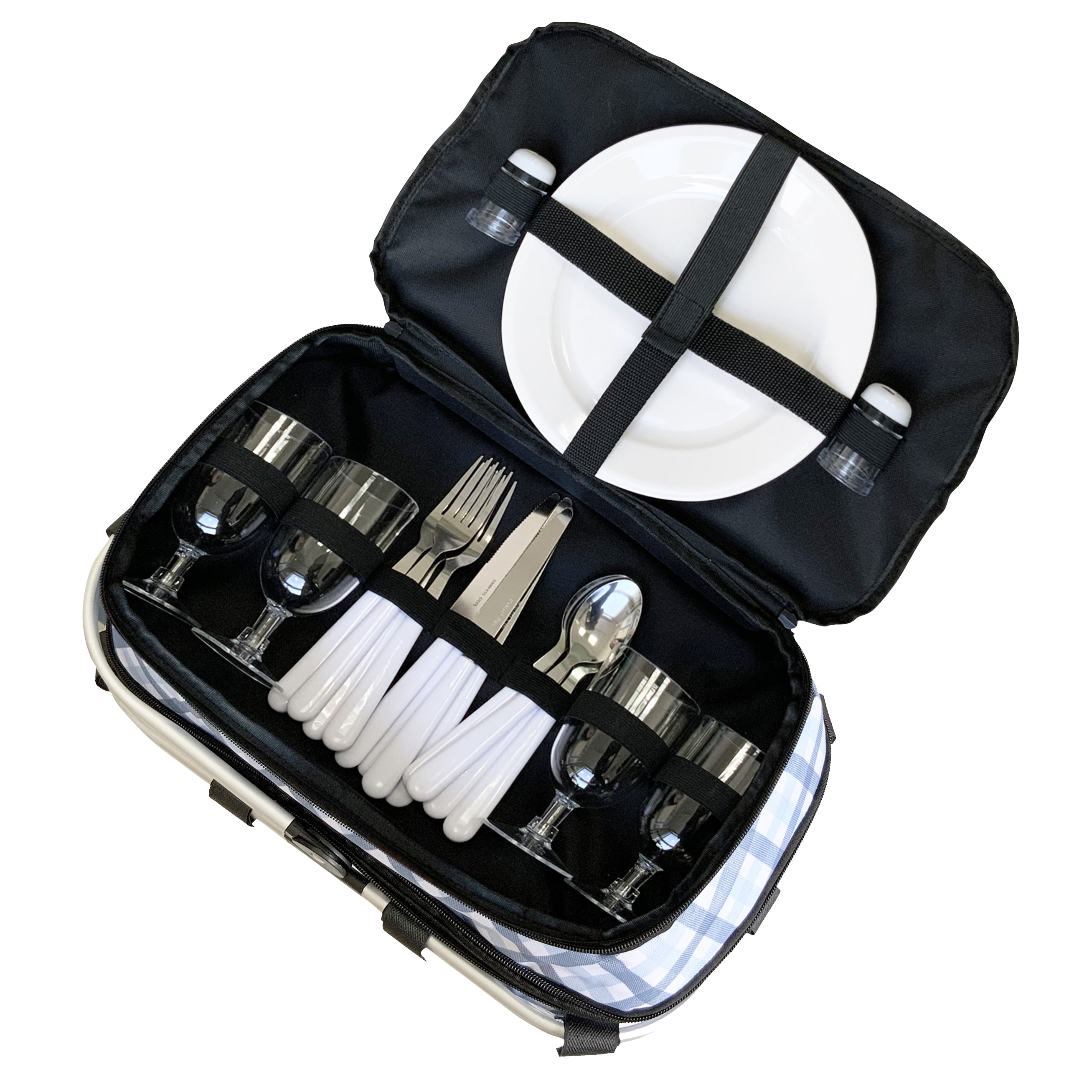 Sachi 4 Person Insulated Picnic Basket  - Gingham Blue/Grey