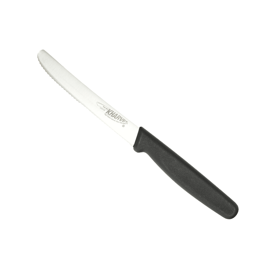 KH Kharve Utility Knife Serrated 10cm Black Handle