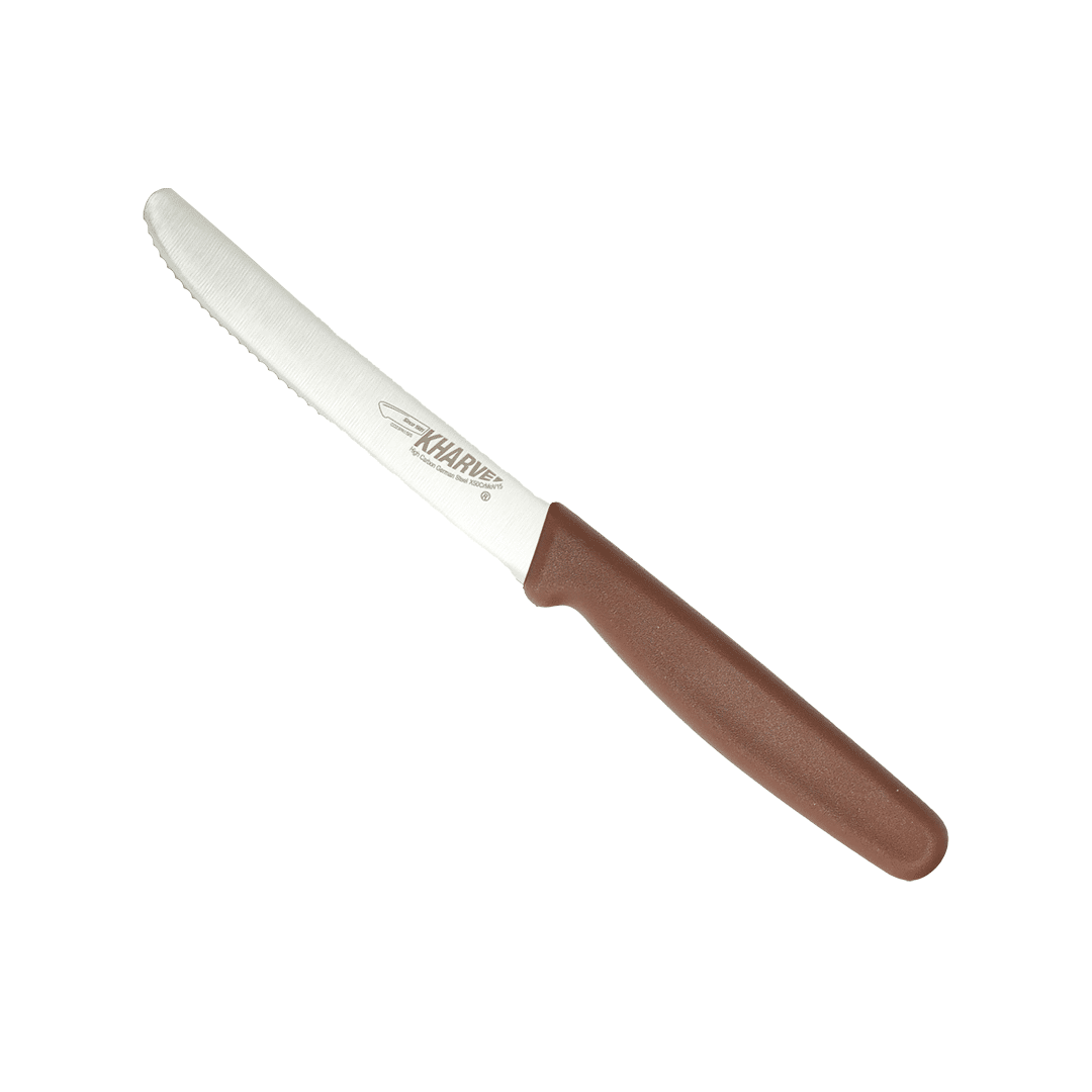 KH Kharve Utility Knife Serrated 10cm Brown Handle