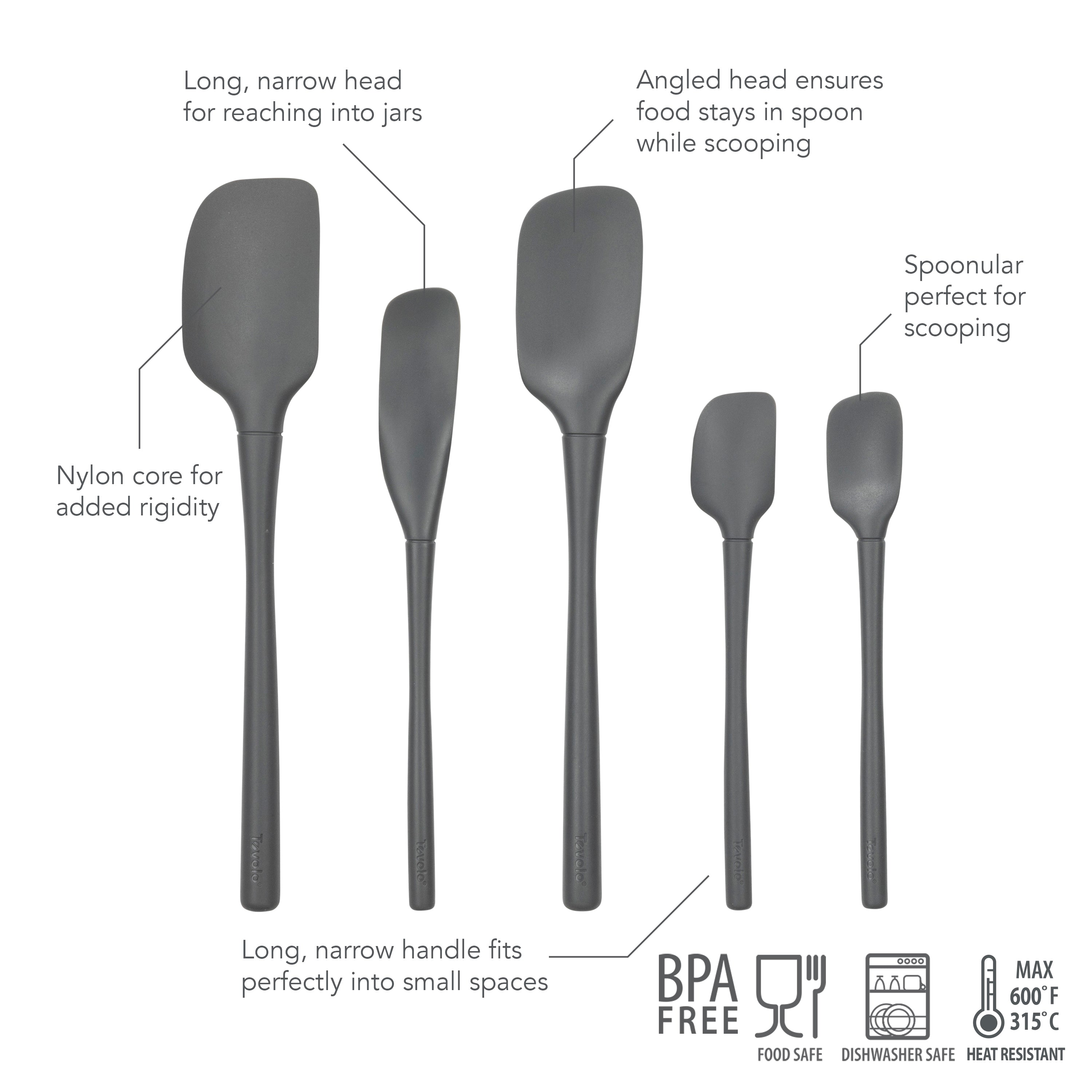 Tovolo "Flex-Core" All Silicone Spatula Set 5 - Charcoal