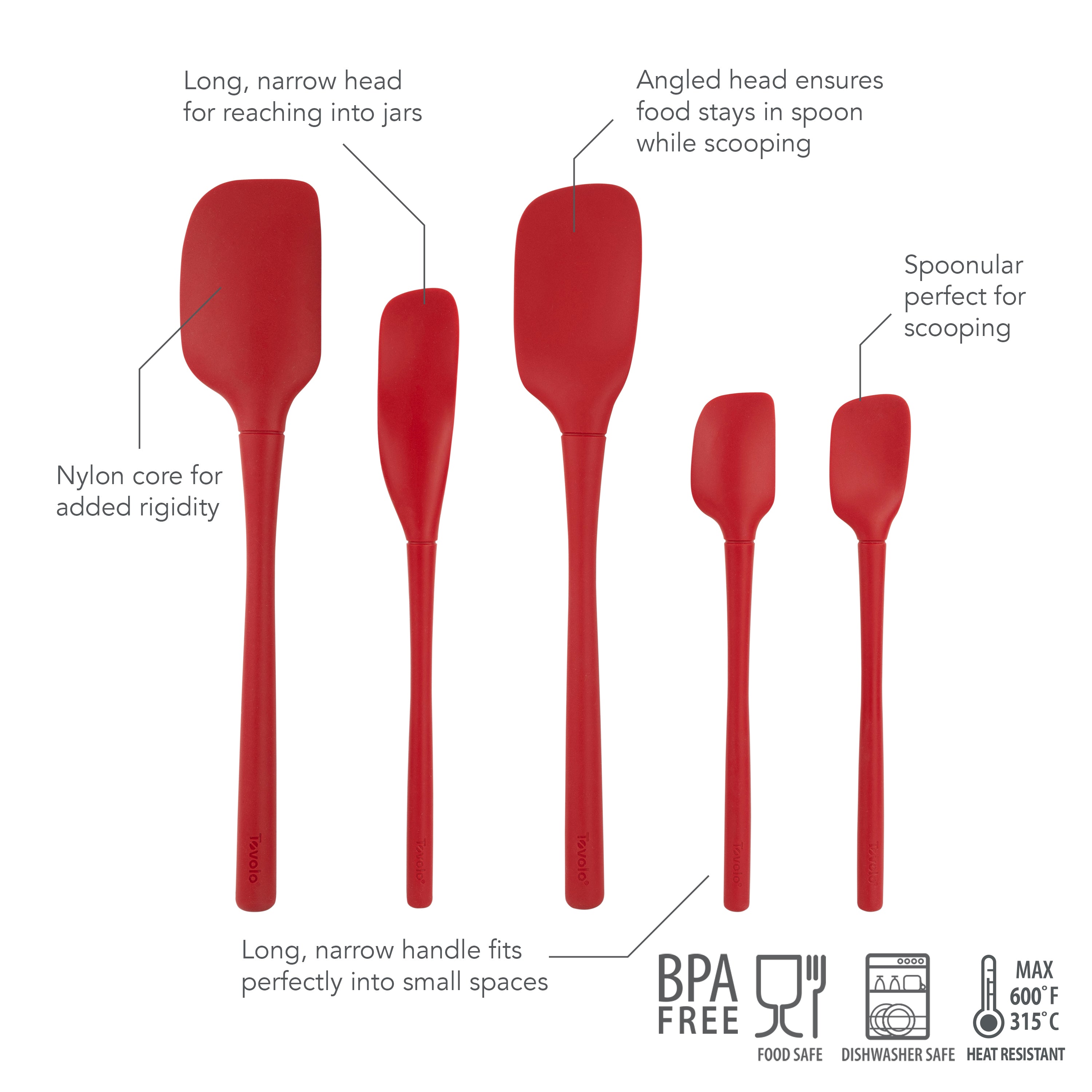 Tovolo "Flex-Core" All Silicone Spatula Set 5 - Cayenne