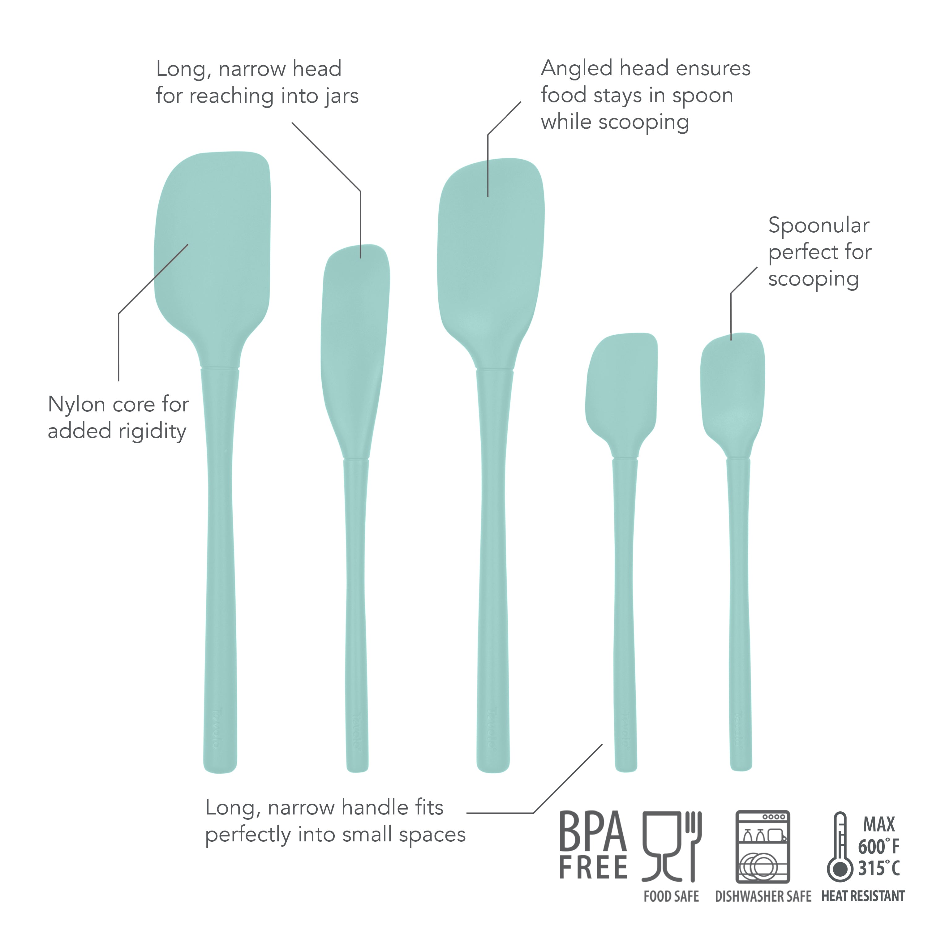 Tovolo "Flex-Core" All Silicone Spatula Set 5 - Light Aqua