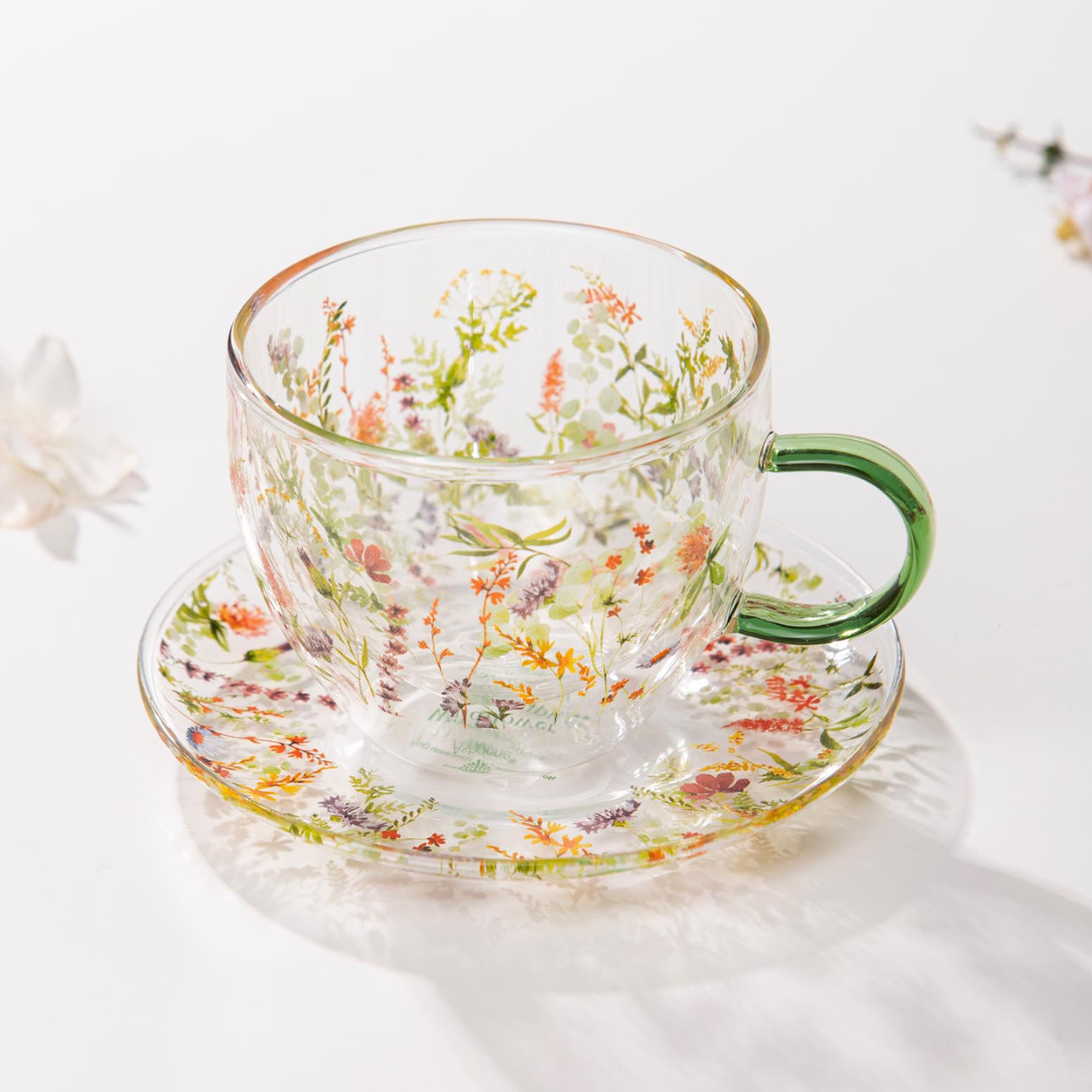 Ashdene Wildflowers Forest Double Walled Glass Cup & Saucer