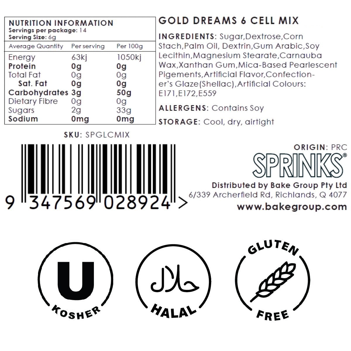 Sprinks Gold Dreams 6 Cell Sprinkles 85g