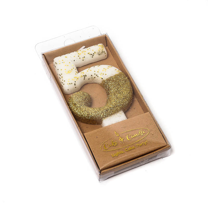 Cake & Candle Glitter Dipped Candle Number 5 Gold 8cm