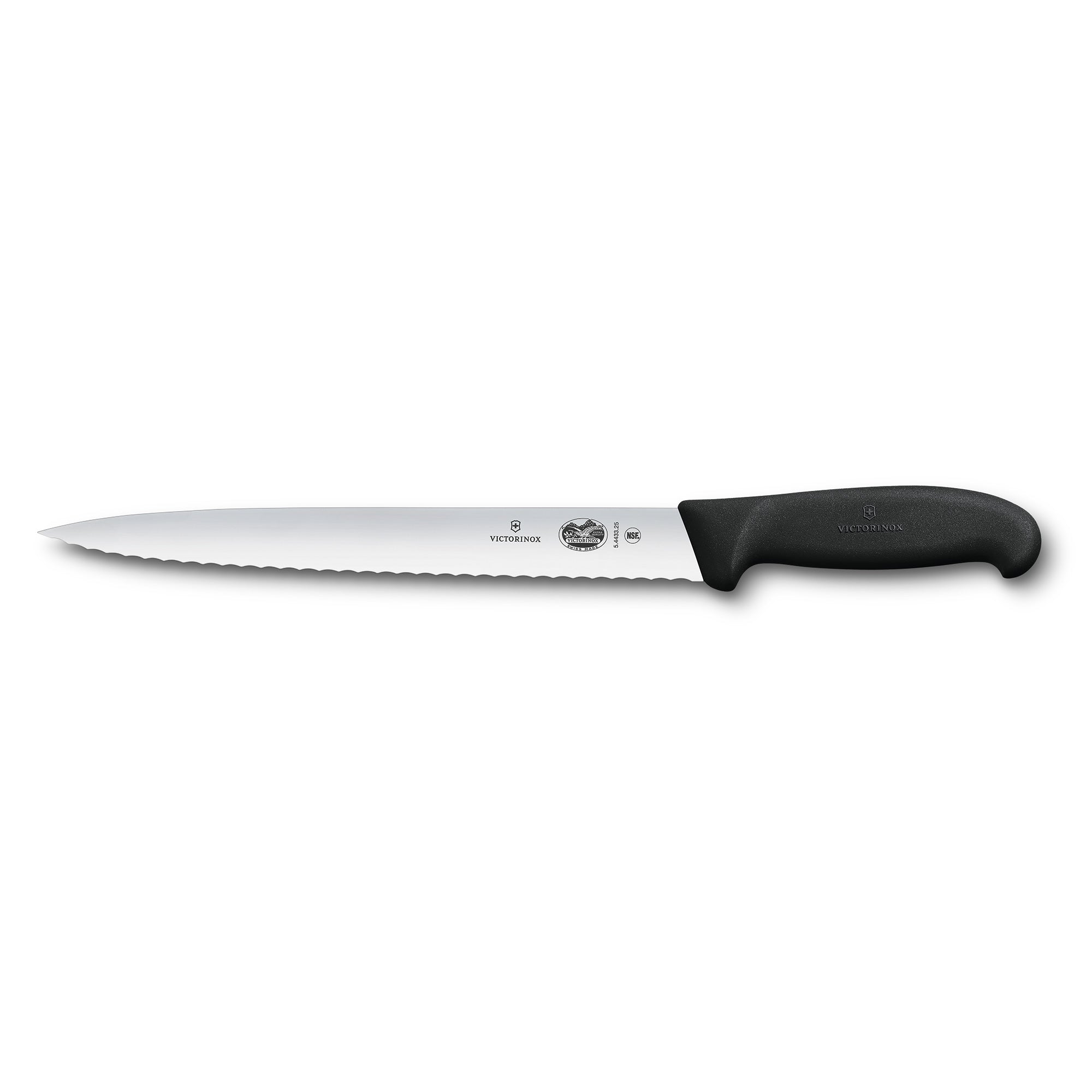 Victorinox Slicing Knife,25cm Pointed Tip Wavy Edge,Fibrox - Black