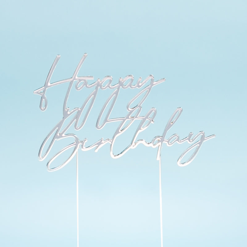 Cake & Candle Metal Cake Topper Happy Birthday 3 Silver
