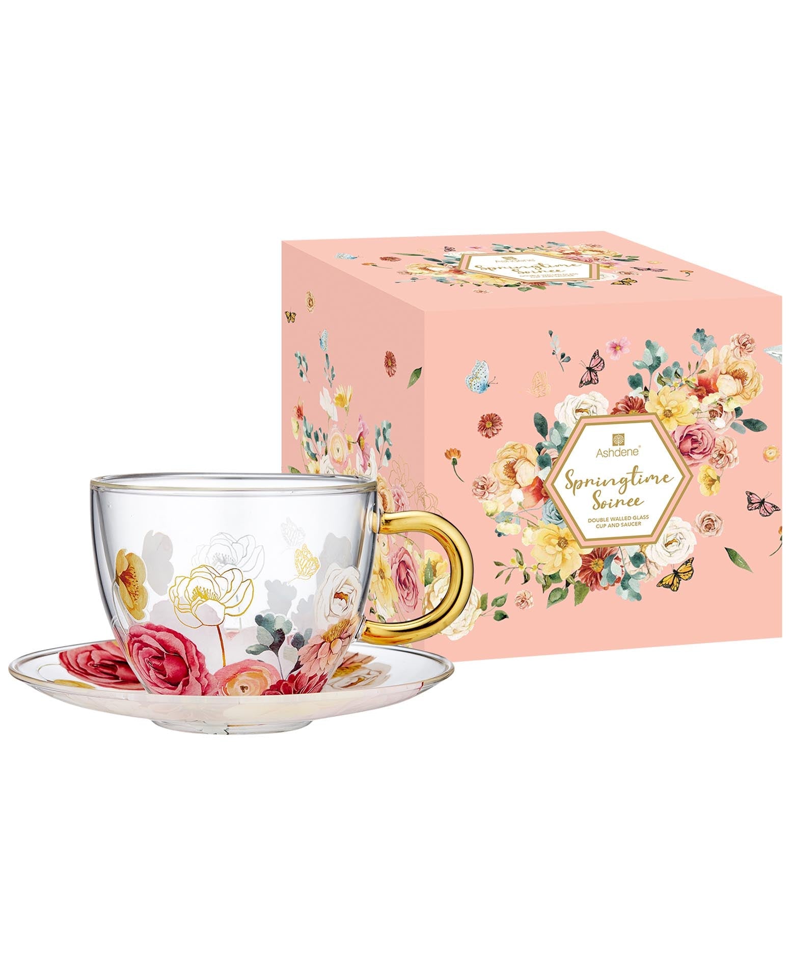 Ashdene Springtime Soiree Double Walled Glass Cup & Saucer