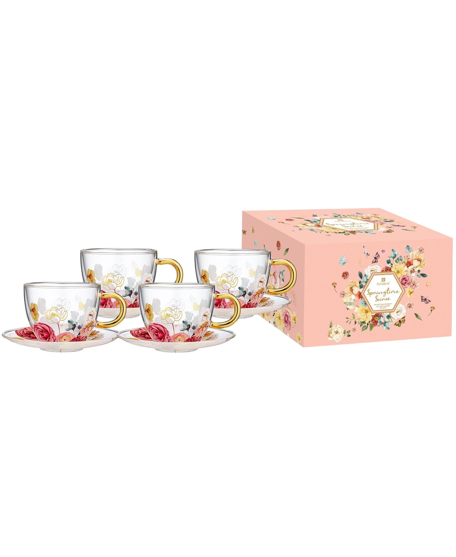 Ashdene Springtime So Double Walled Glass Cup & Saucer Set Of 4
