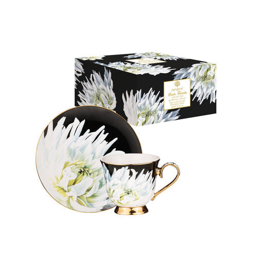 Ashdene Dark Florals White Dahlia Cup & Saucer
