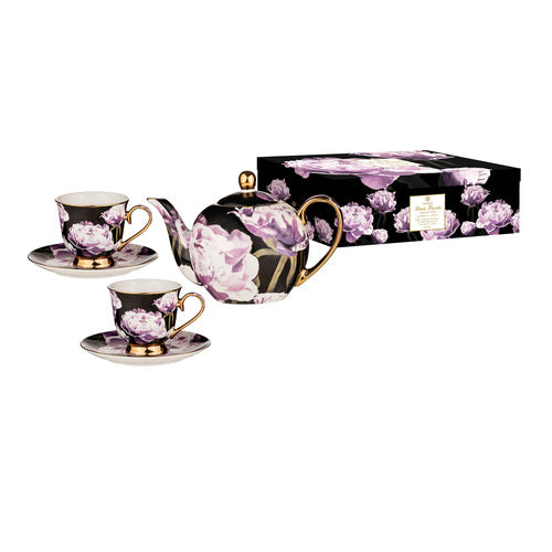 Ashdene Dark Florals Peony Teapot & 2 Teacup Set