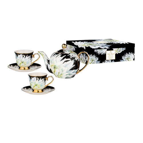 Ashdene Dark Florals White Dahlia Teapot & 2 Teacup Set