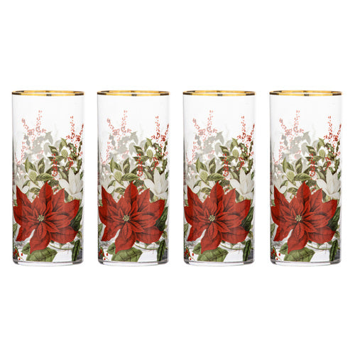 Ashdene Poinsettia Glass 4pk Highball Tumbler