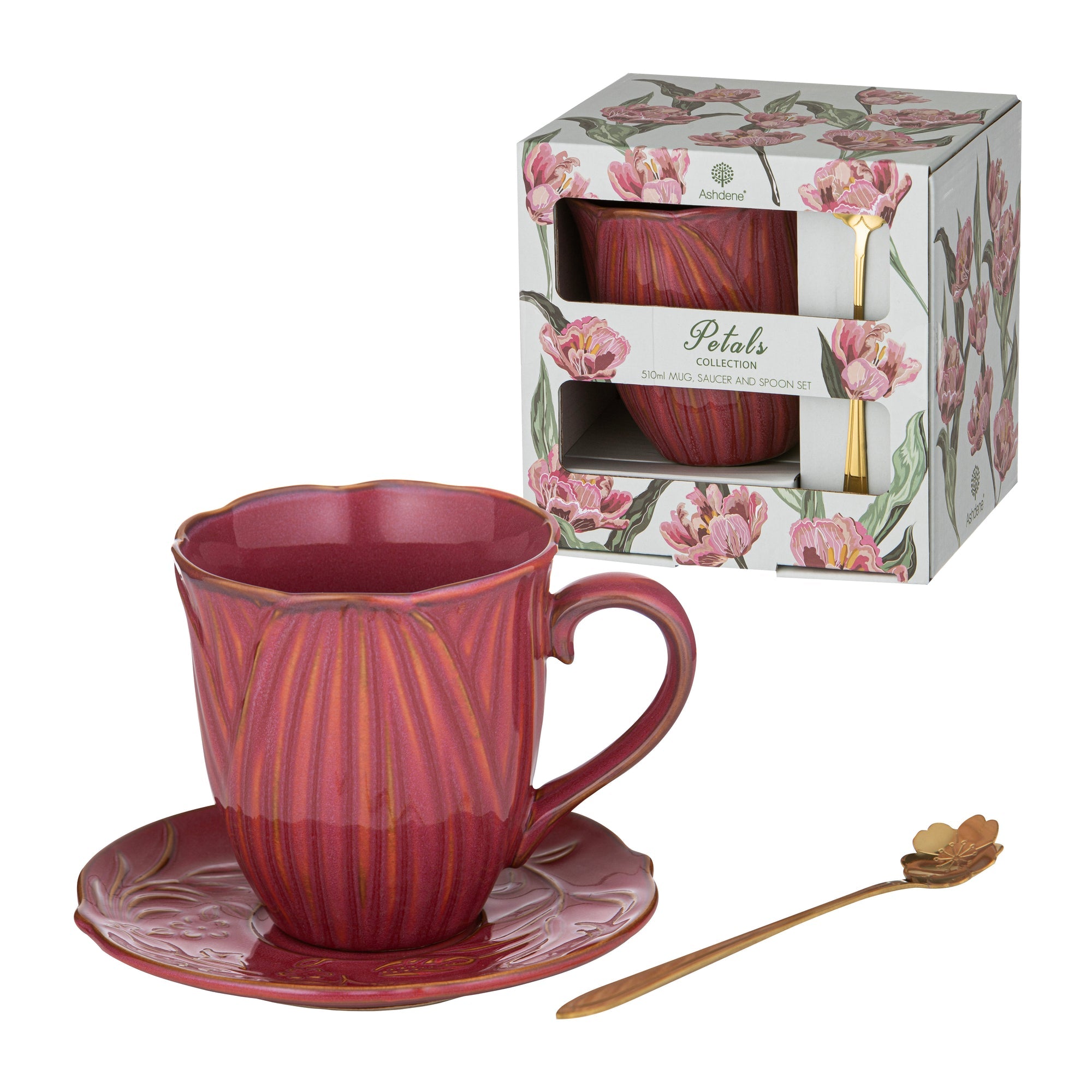 Ashdene Petals Ruby Red Mug Saucer & Spoon Gift Set