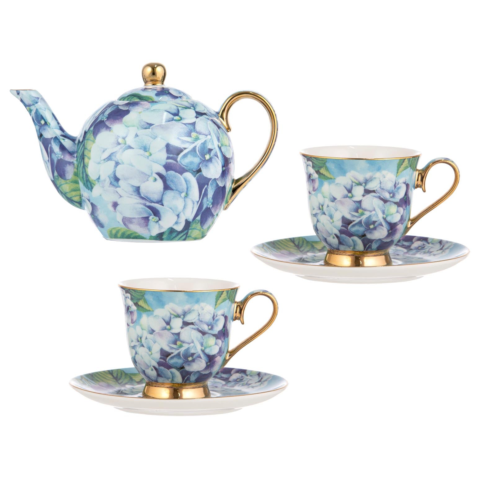 Ashdene Bold Blooms Blue Hydrangea Teapot & 2 Teacup Set
