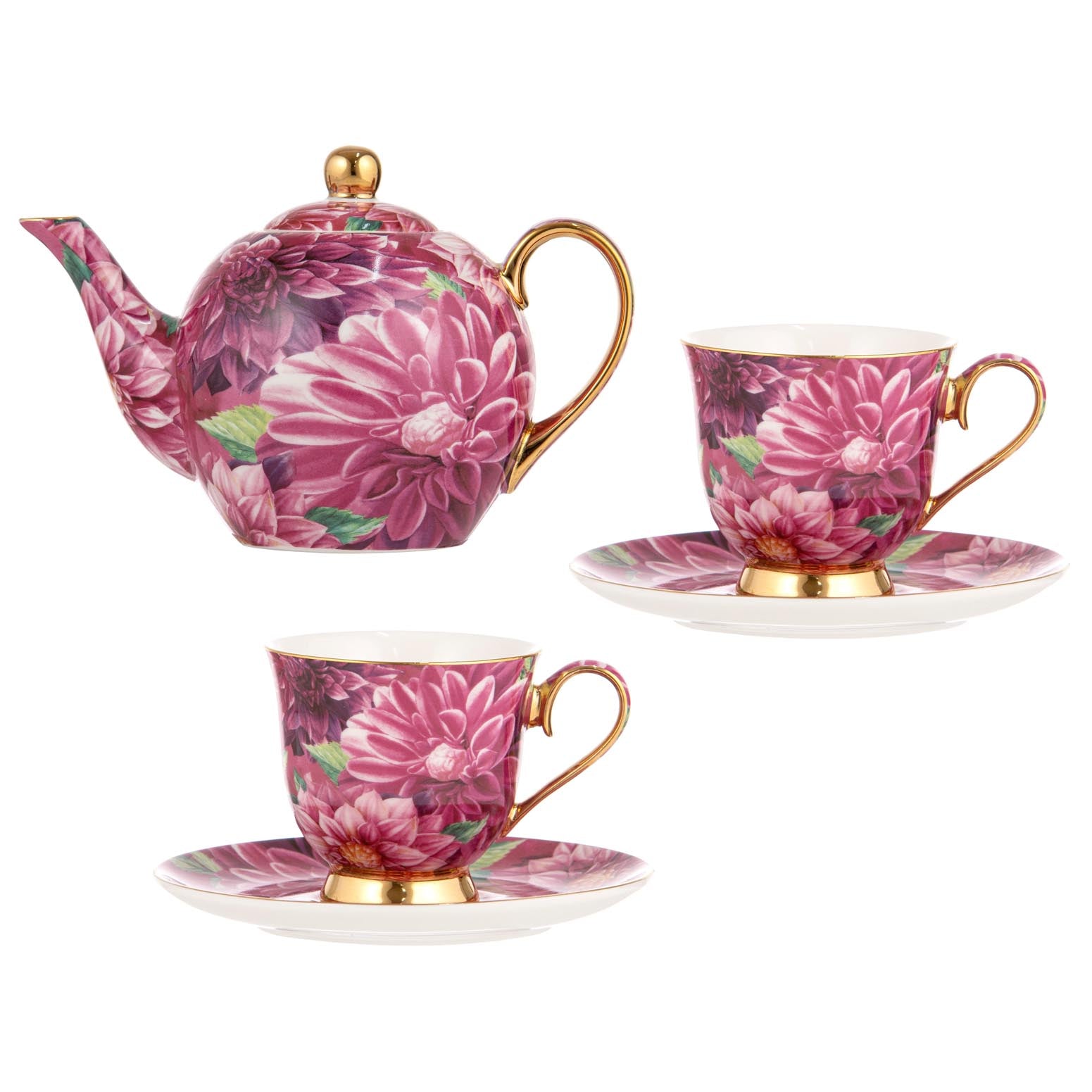 Ashdene Bold Blooms Pink Dahlia Teapot & 2 Teacup Set