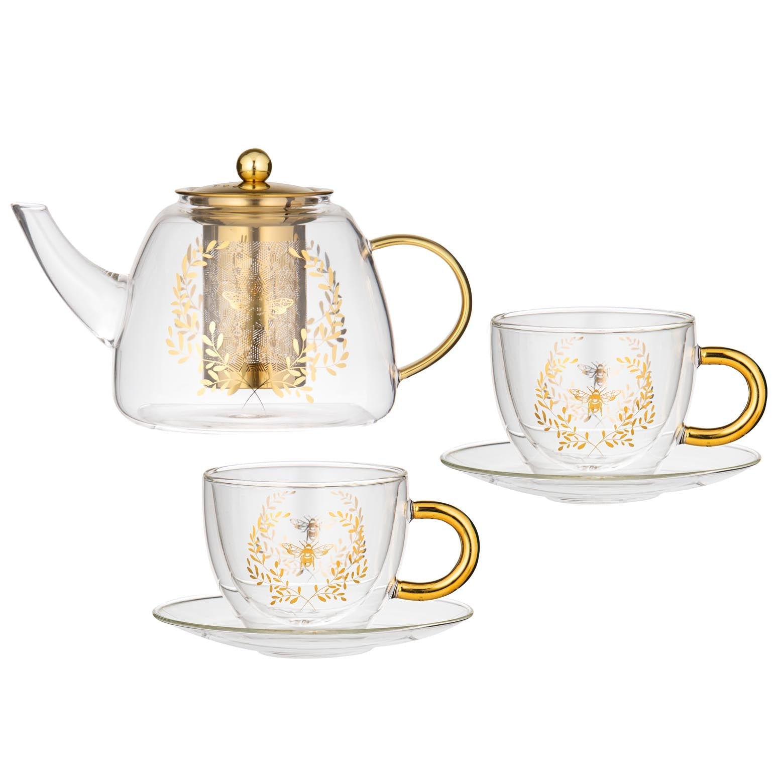 Ashdene Elegant Bee Glass Teapot & 2 Teacup Set