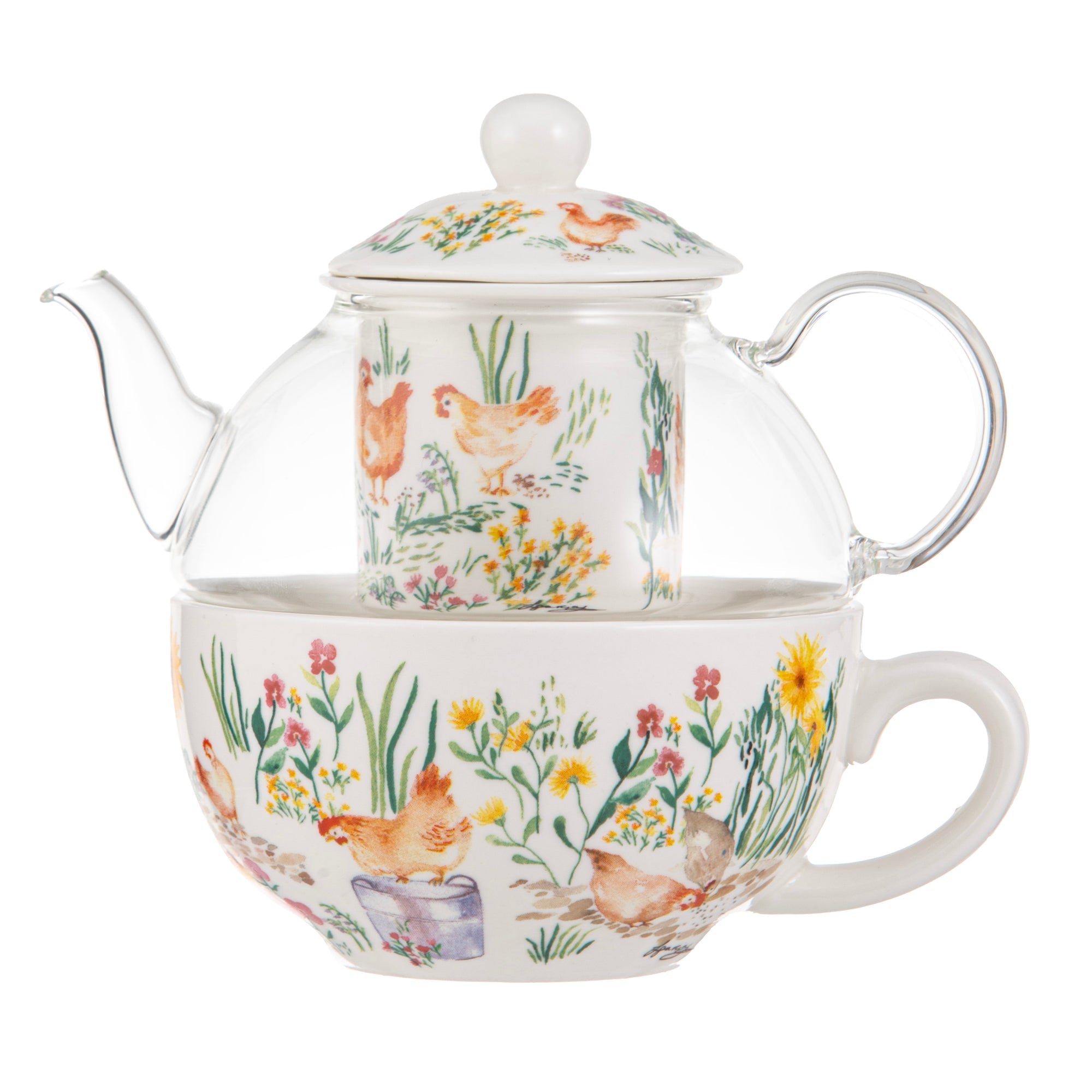 Ashdene Garden Hens Glass Top Tea For One