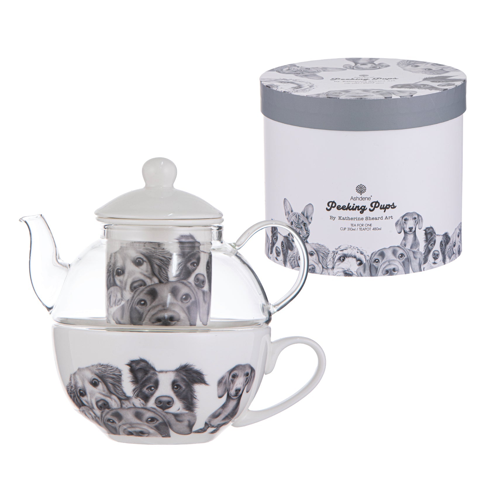 Ashdene Peeking Pups Glass Top Tea For One