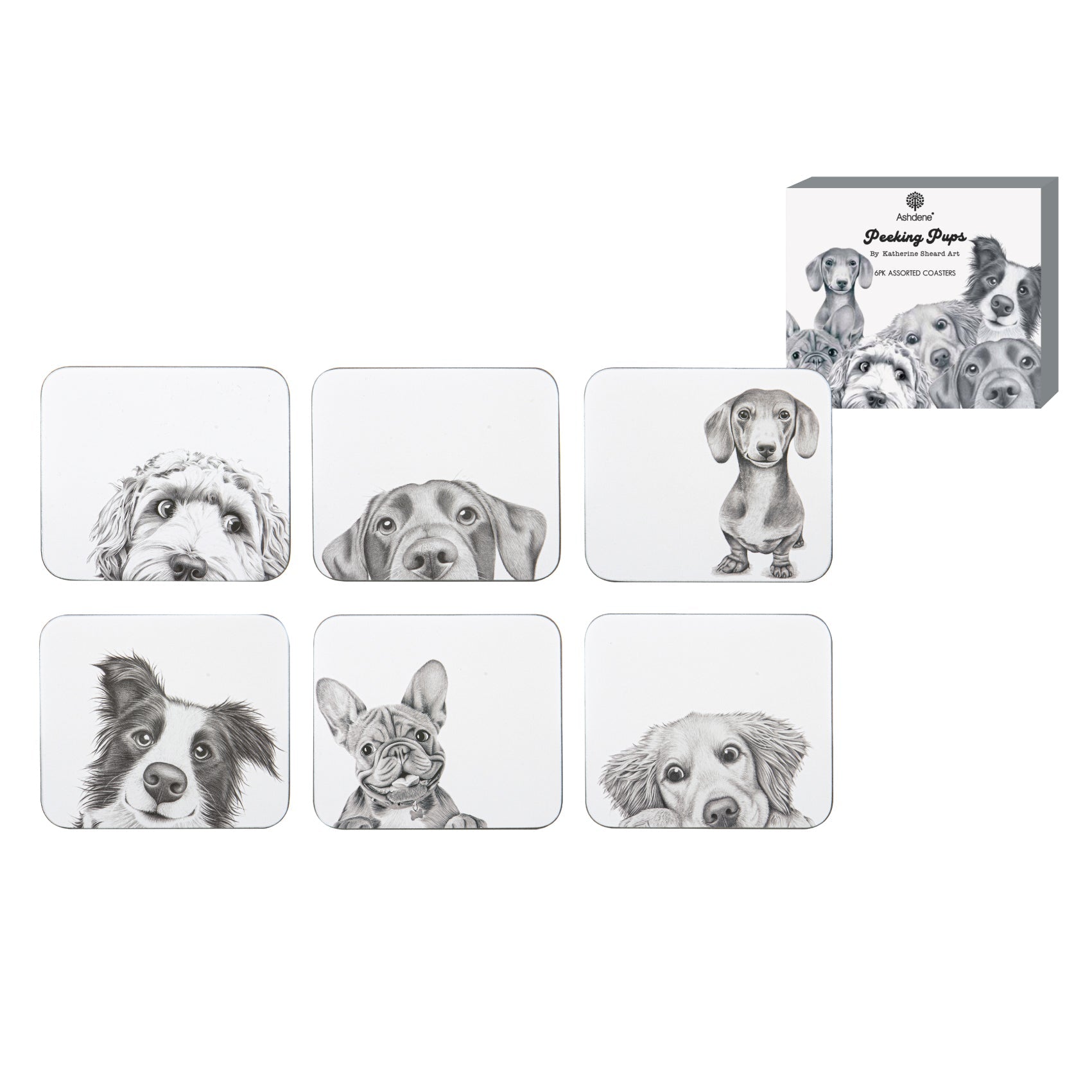 Ashdene Peeking Pups 6pk Coaster