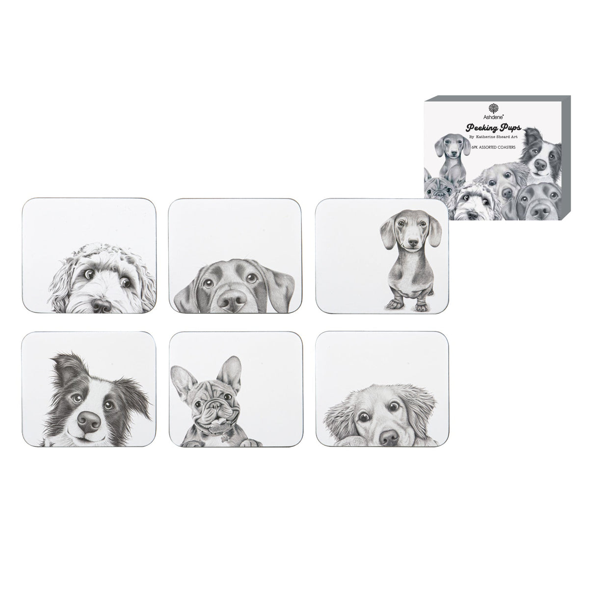 Ashdene Peeking Pups 6pk Coaster