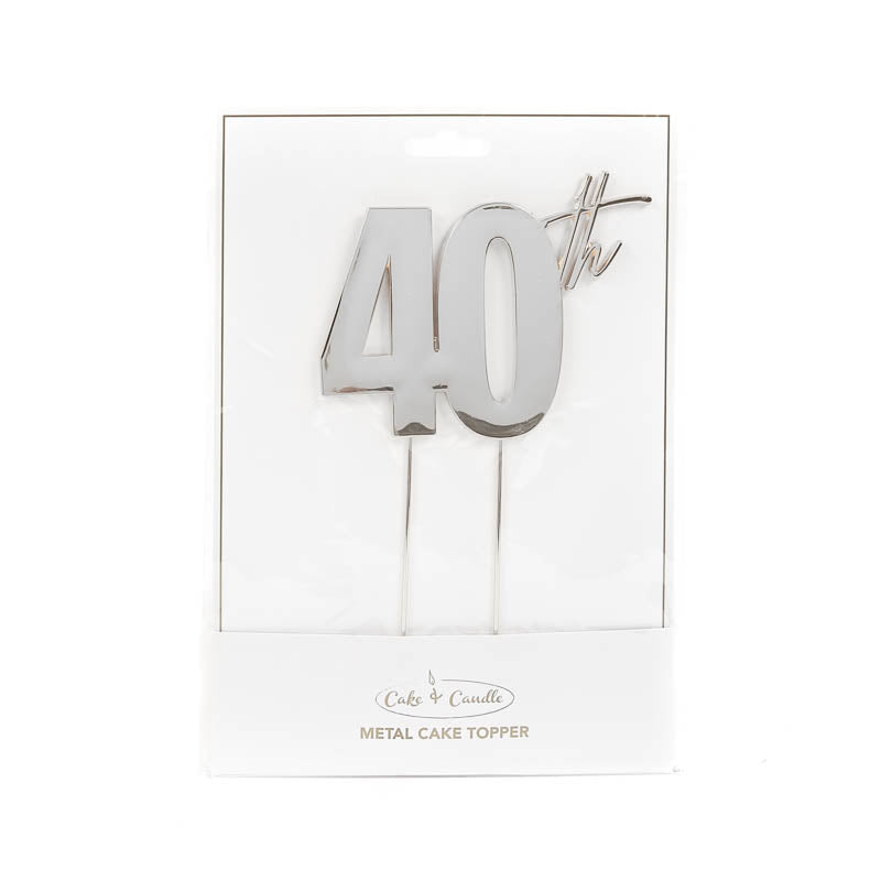 Cake & Candle Metal Cake Topper 40th Silver