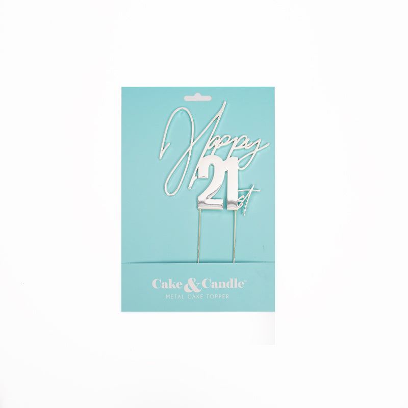 Cake & Candle Metal Cake Topper Happy 21st Silver